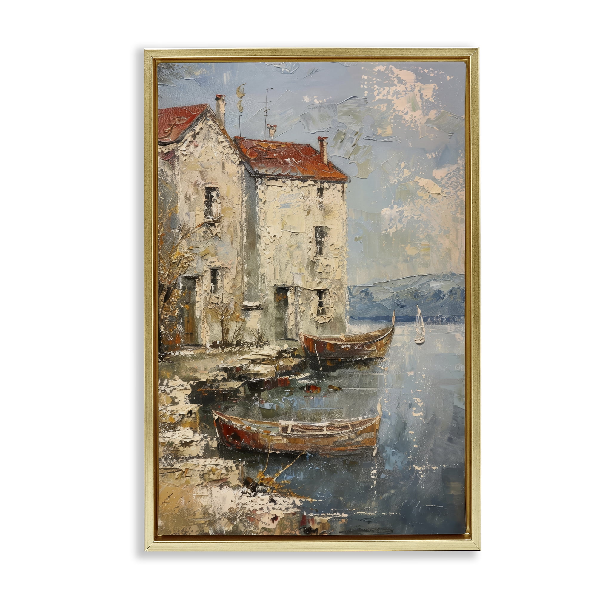 Stupell Industries Red Townside Boats Scenic & Cityscapes Painting Gold Floater Framed Canvas Art Print Wall Art, 21 x 31
