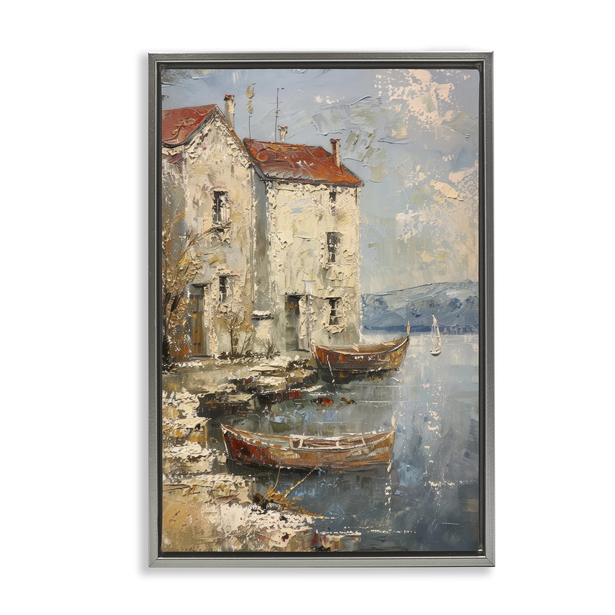Stupell Industries Red Townside Boats Scenic & Cityscapes Painting Gray Floater Framed Canvas Art Print Wall Art, 17 x 25