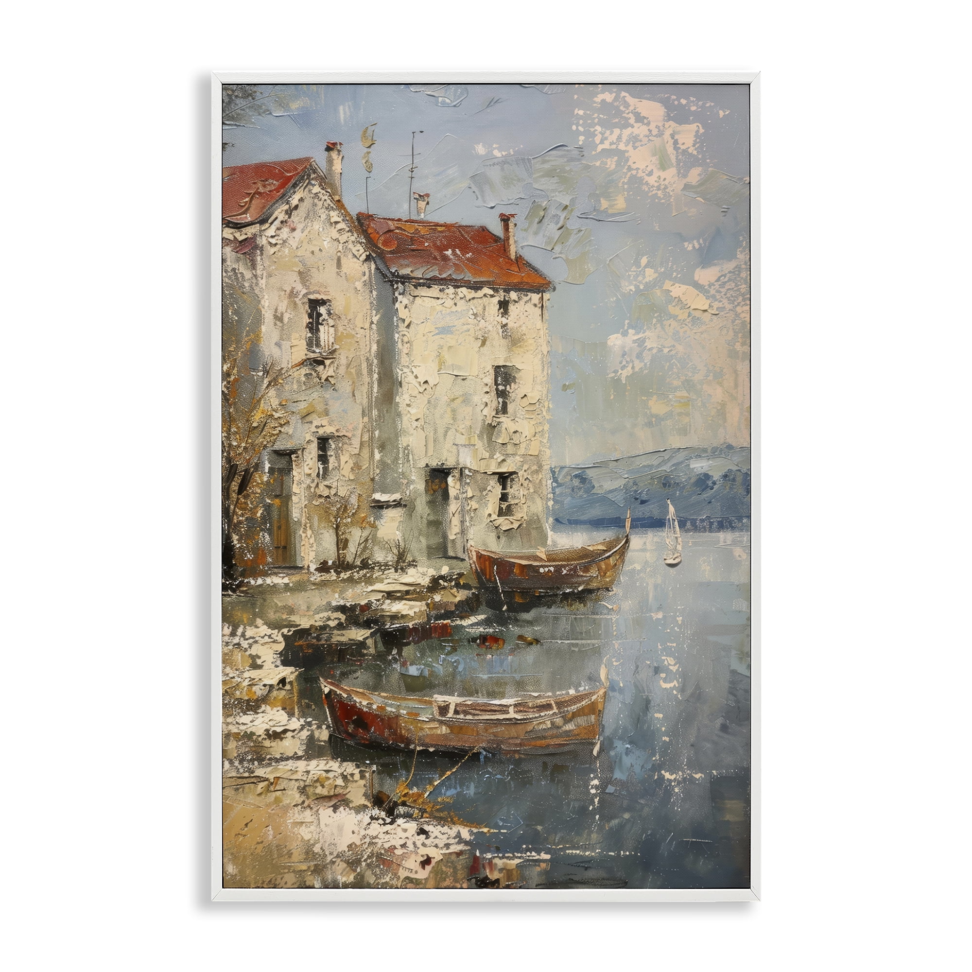 Stupell Industries Red Townside Boats Scenic & Cityscapes Painting White Framed Art Print Wall Art, 16 x 24