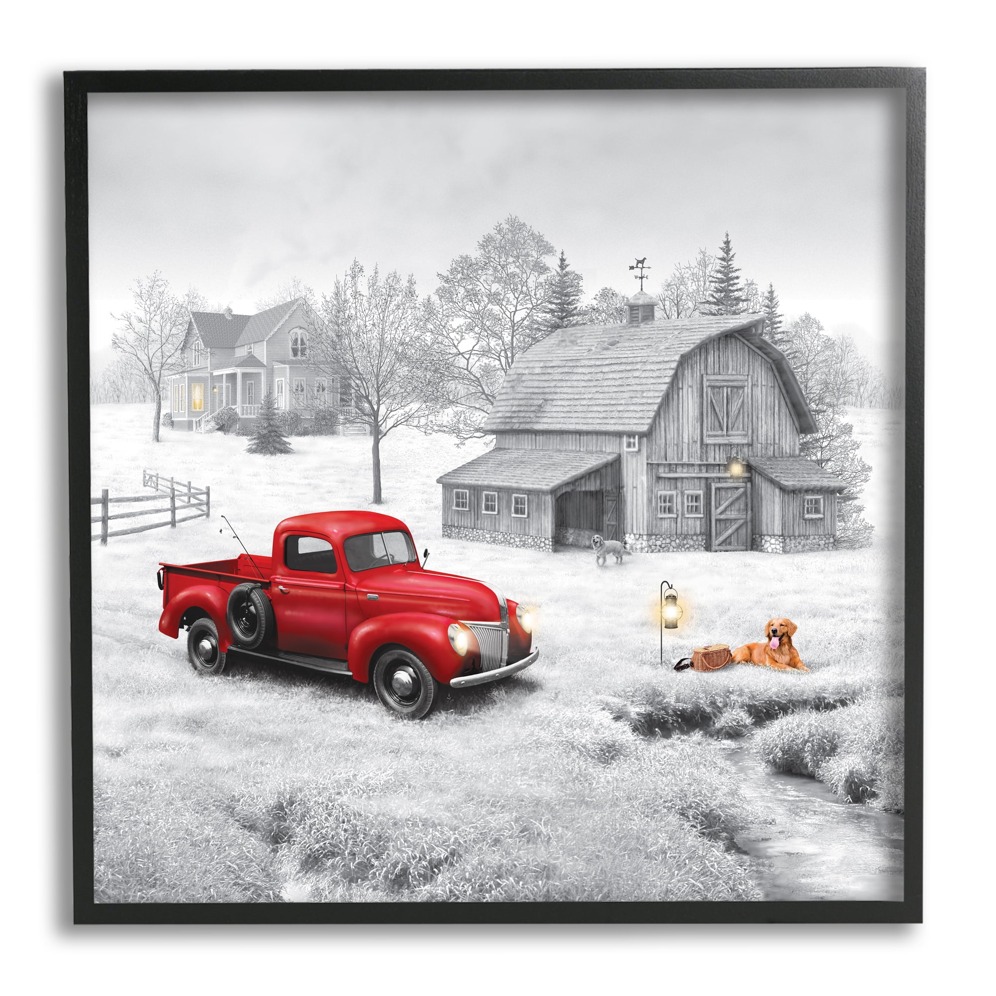 Stupell Industries Red Truck at Barn Transportation Painting Black Framed Art Print Wall Art, 17 x 17