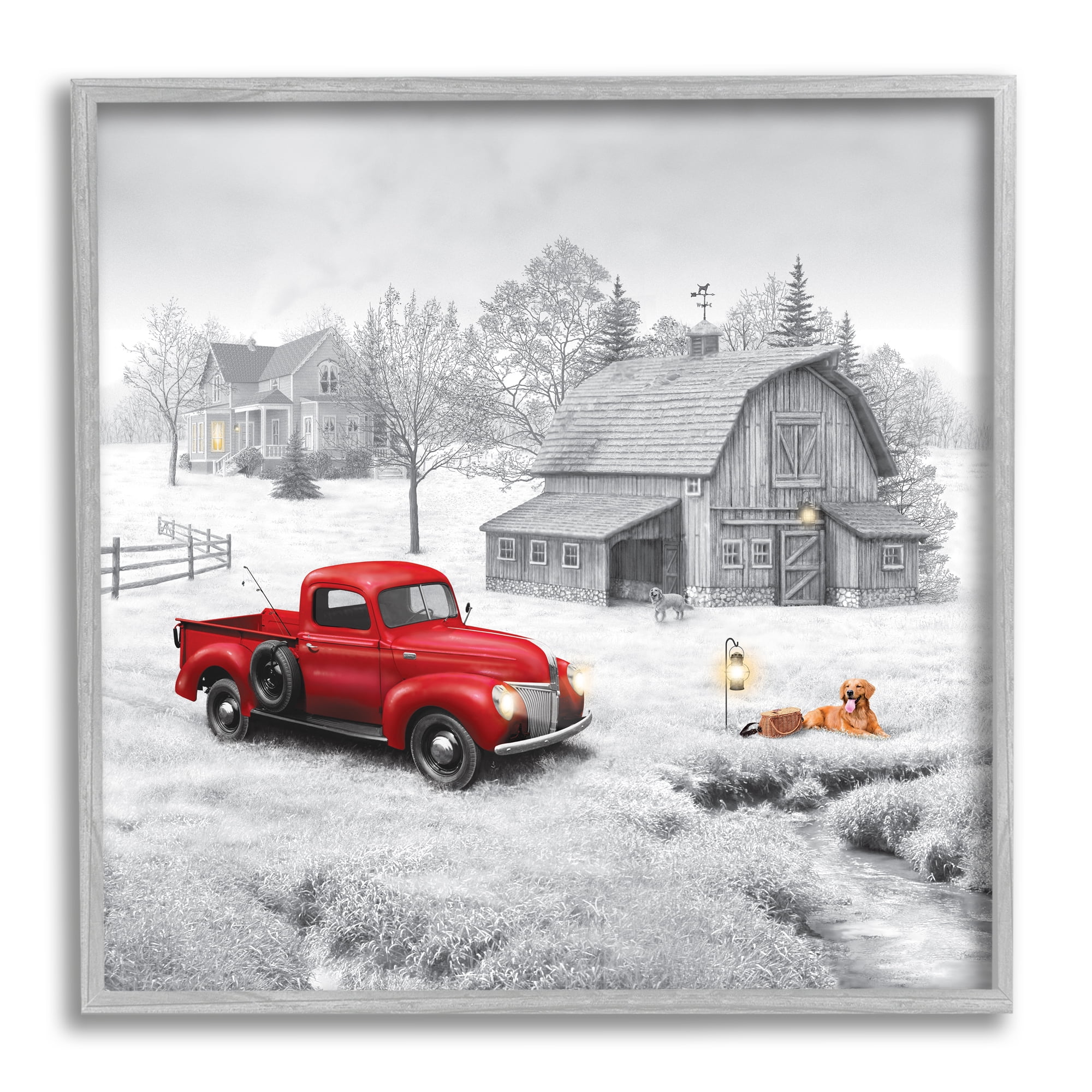 Stupell Industries Red Truck at Barn Transportation Painting Gray Framed Art Print Wall Art, 12 x 12