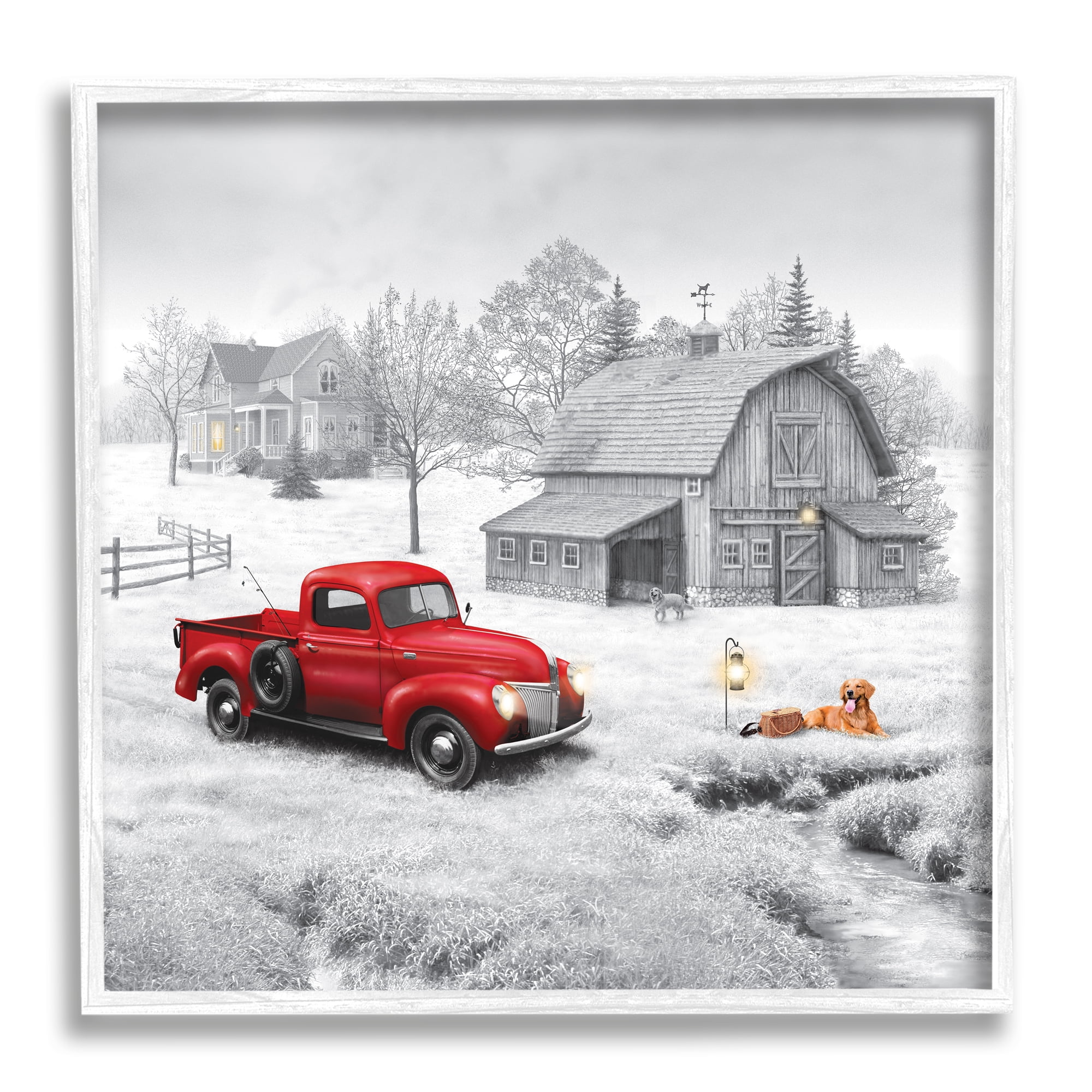 Stupell Industries Red Truck at Barn Transportation Painting White Framed Art Print Wall Art, 17 x 17