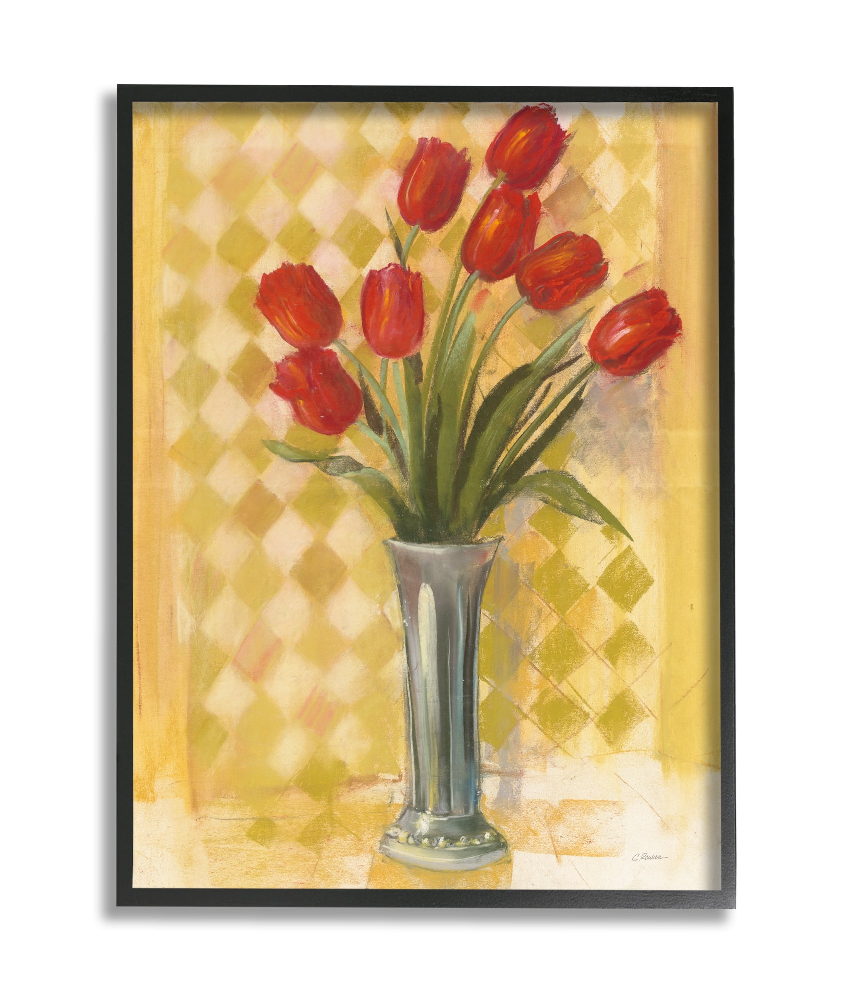 Stupell Industries Red Tulip Vase over Yellow Checker Plaid Black Framed, 11 x 14, Design by Carol Rowan