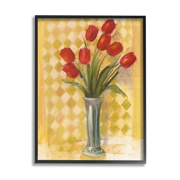 Stupell Industries Red Tulip Vase over Yellow Checker Plaid Black Framed, 11 x 14, Design by Carol Rowan