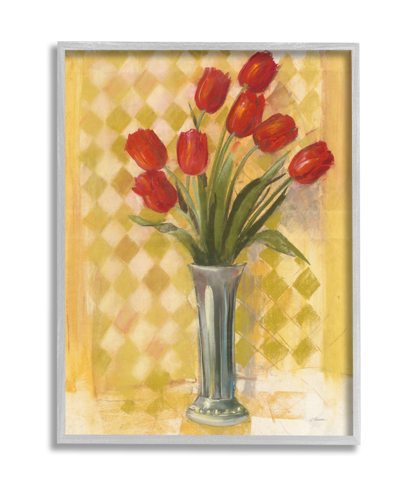Stupell Industries Red Tulip Vase over Yellow Checker Plaid Grey Framed, 16 x 20, Design by Carol Rowan
