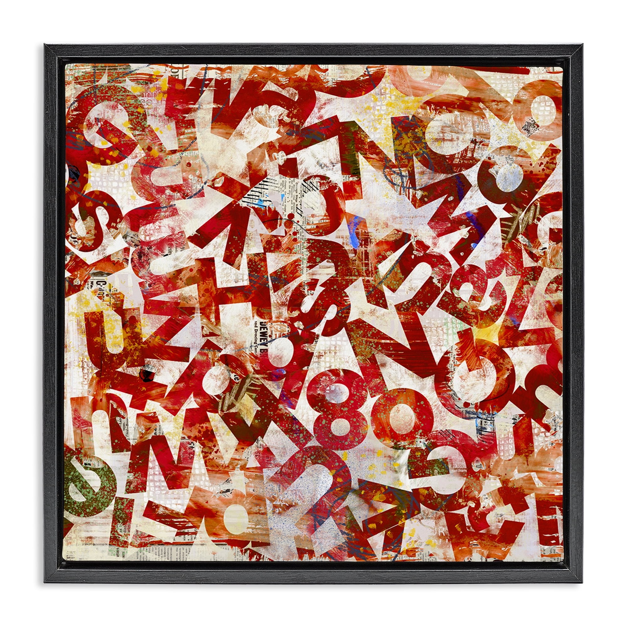 Stupell Industries Red Typography Collage Abstract Painting Black Floater Framed Canvas Art Print Wall Art, 18 x 18