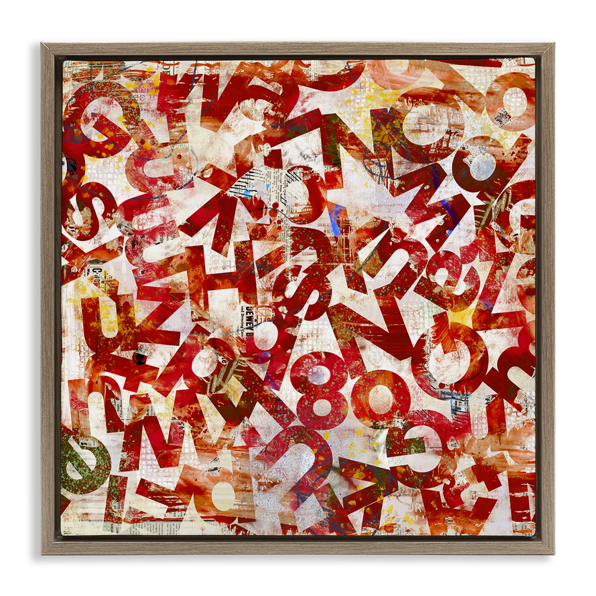 Stupell Industries Red Typography Collage Abstract Painting Brown Floater Framed Canvas Art Print Wall Art, 25 x 25
