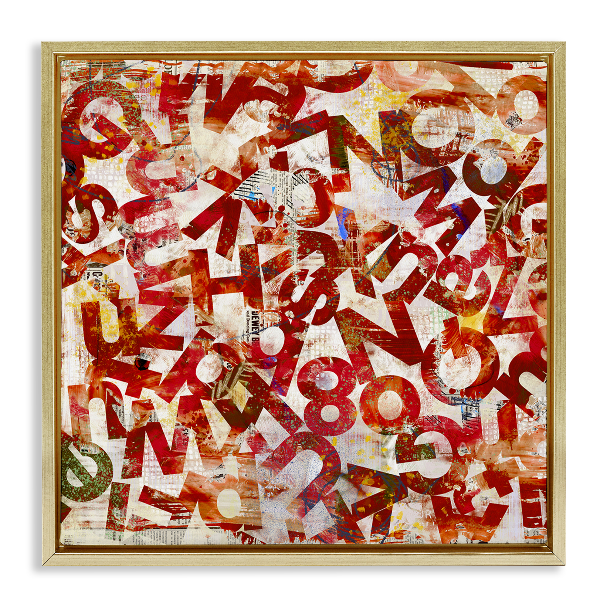 Stupell Industries Red Typography Collage Abstract Painting Gold Floater Framed Canvas Art Print Wall Art, 18 x 18