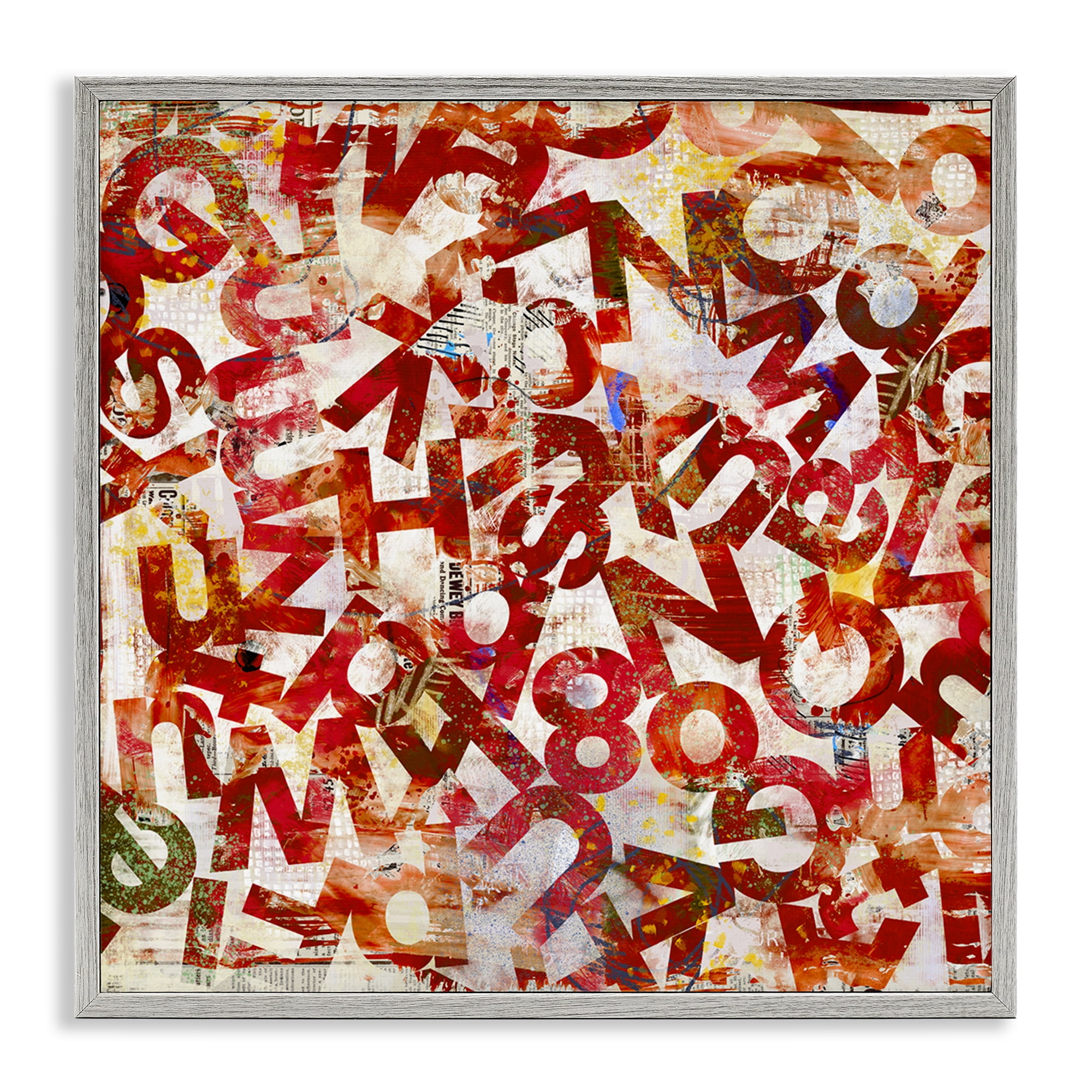 Stupell Industries Red Typography Collage Abstract Painting Gray Framed Art Print Wall Art, 17 x 17