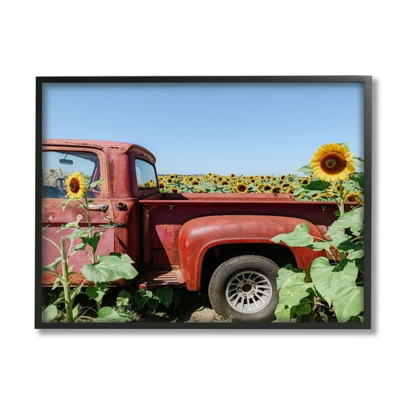 Stupell Industries Red Vintage Pickup Truck Amidst Sunflower Field Photograph Black Framed Art Print Wall Art, Design by Kali Wilson