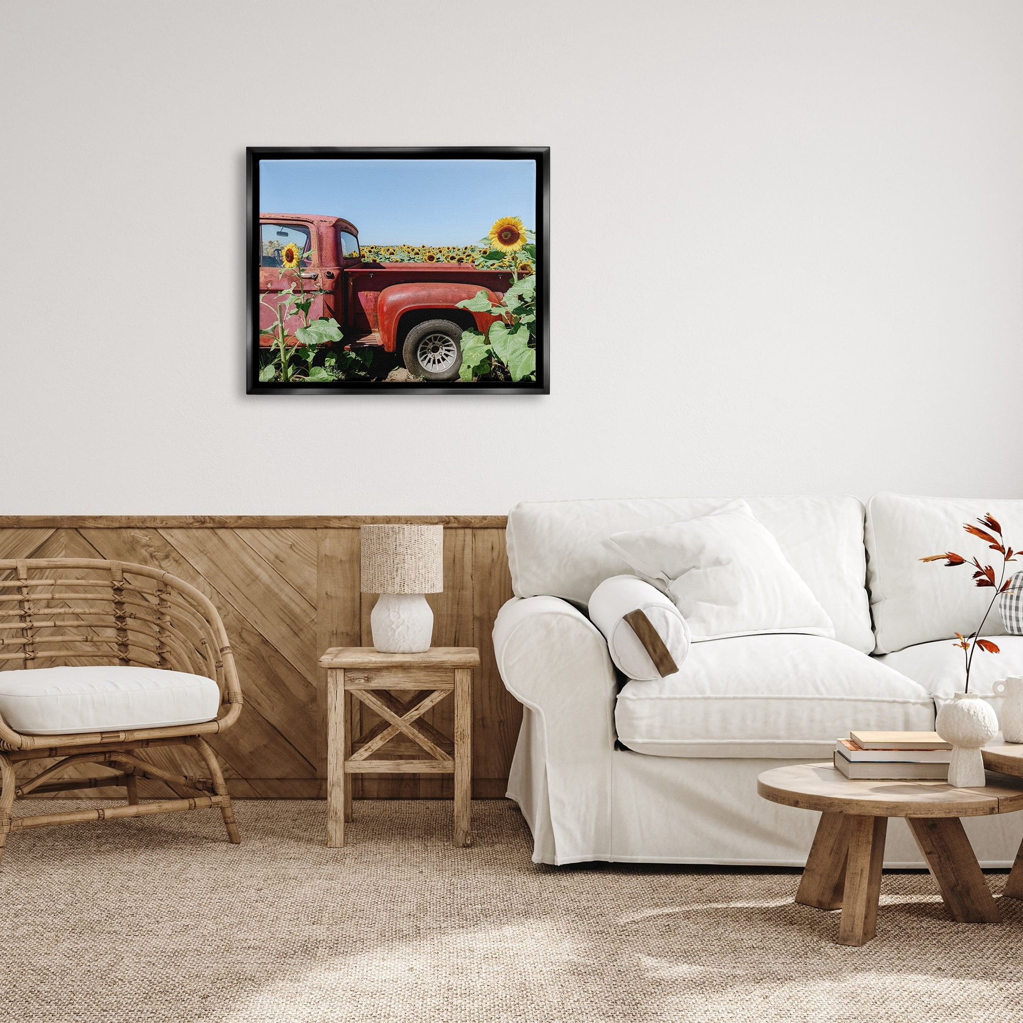 Stupell Industries Red Vintage Pickup Truck Amidst Sunflower Field Photograph Jet Black Floating Framed Canvas Print Wall Art, Design by Kali Wilson