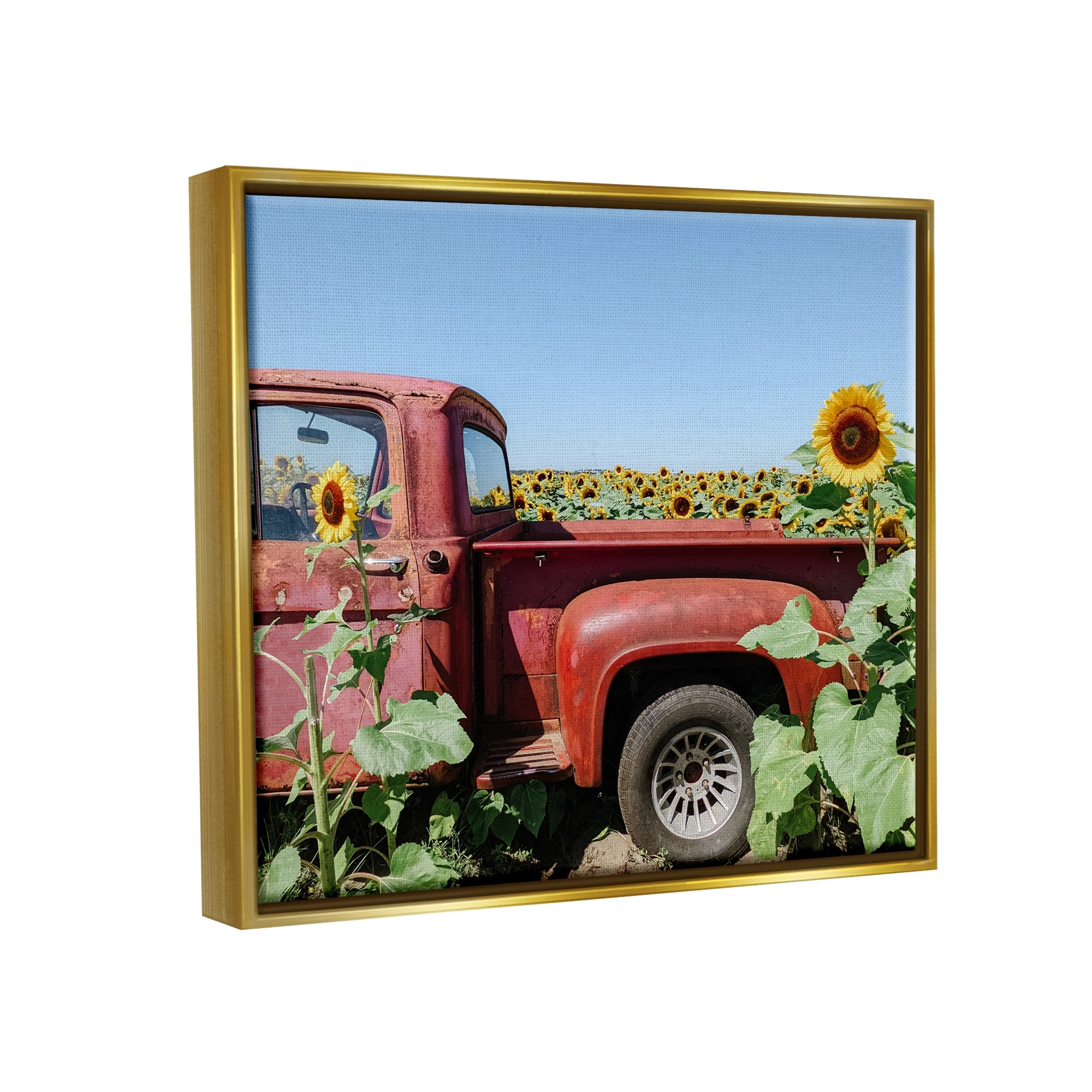 Stupell Industries Red Vintage Pickup Truck Amidst Sunflower Field Photograph Metallic Gold Floating Framed Canvas Print Wall Art, Design by Kali Wilson