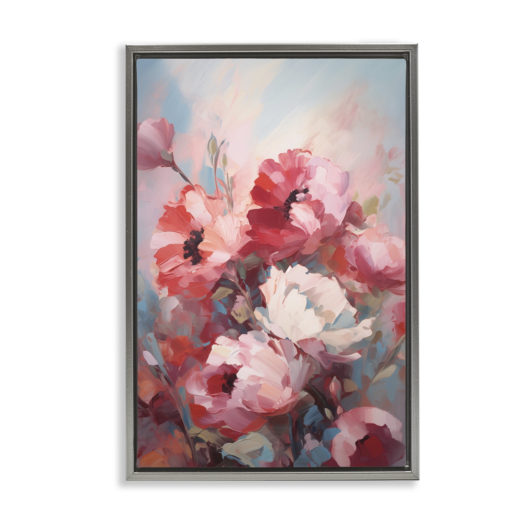 Stupell Industries Red & White Anemones Botanical & Floral Painting Gray Floater Framed Art Print Wall Art, 21 x 31