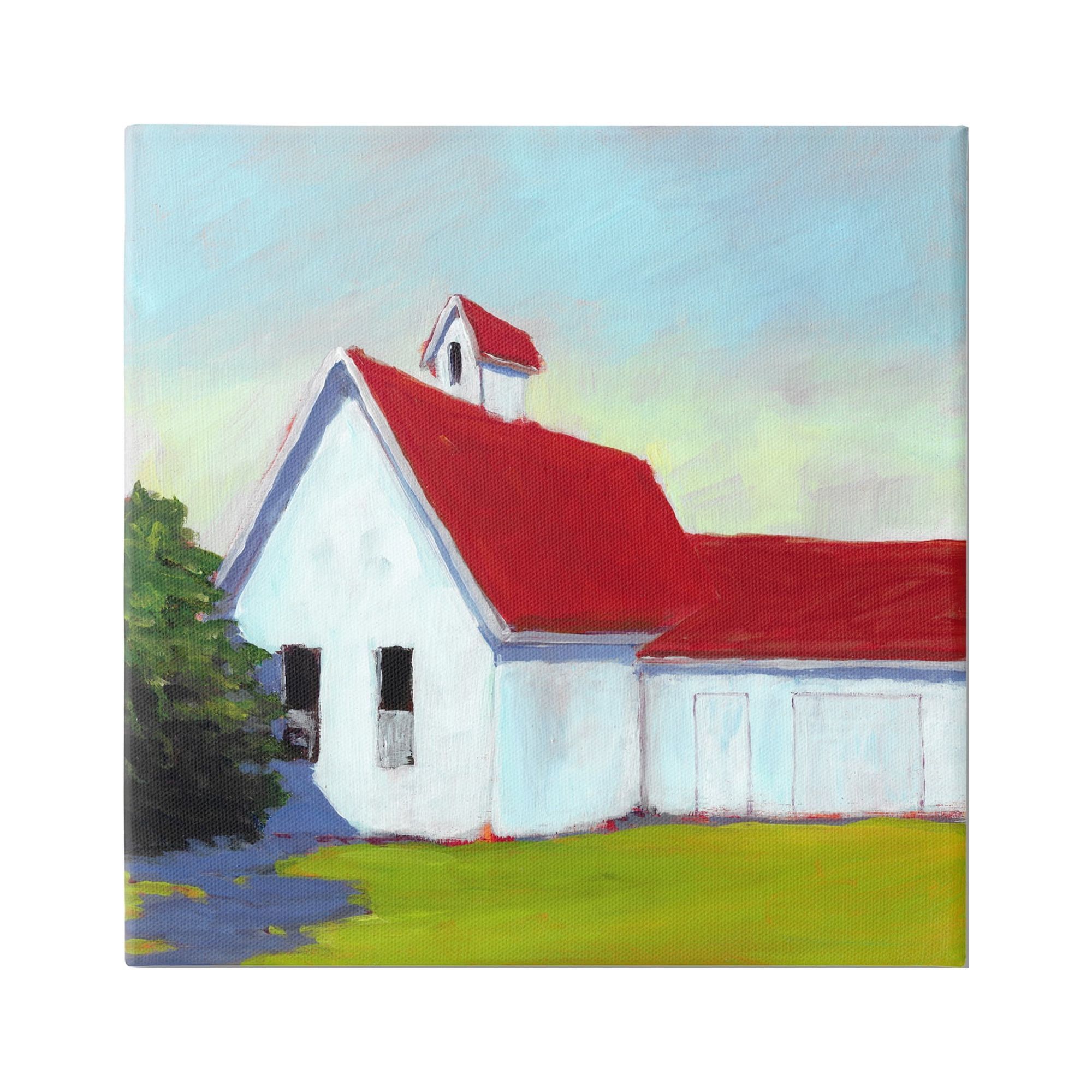 Stupell Industries Red & White Farm Cottage Travel & Places Painting Gallery Wrapped Canvas Art Print Wall Art, 30 x 30