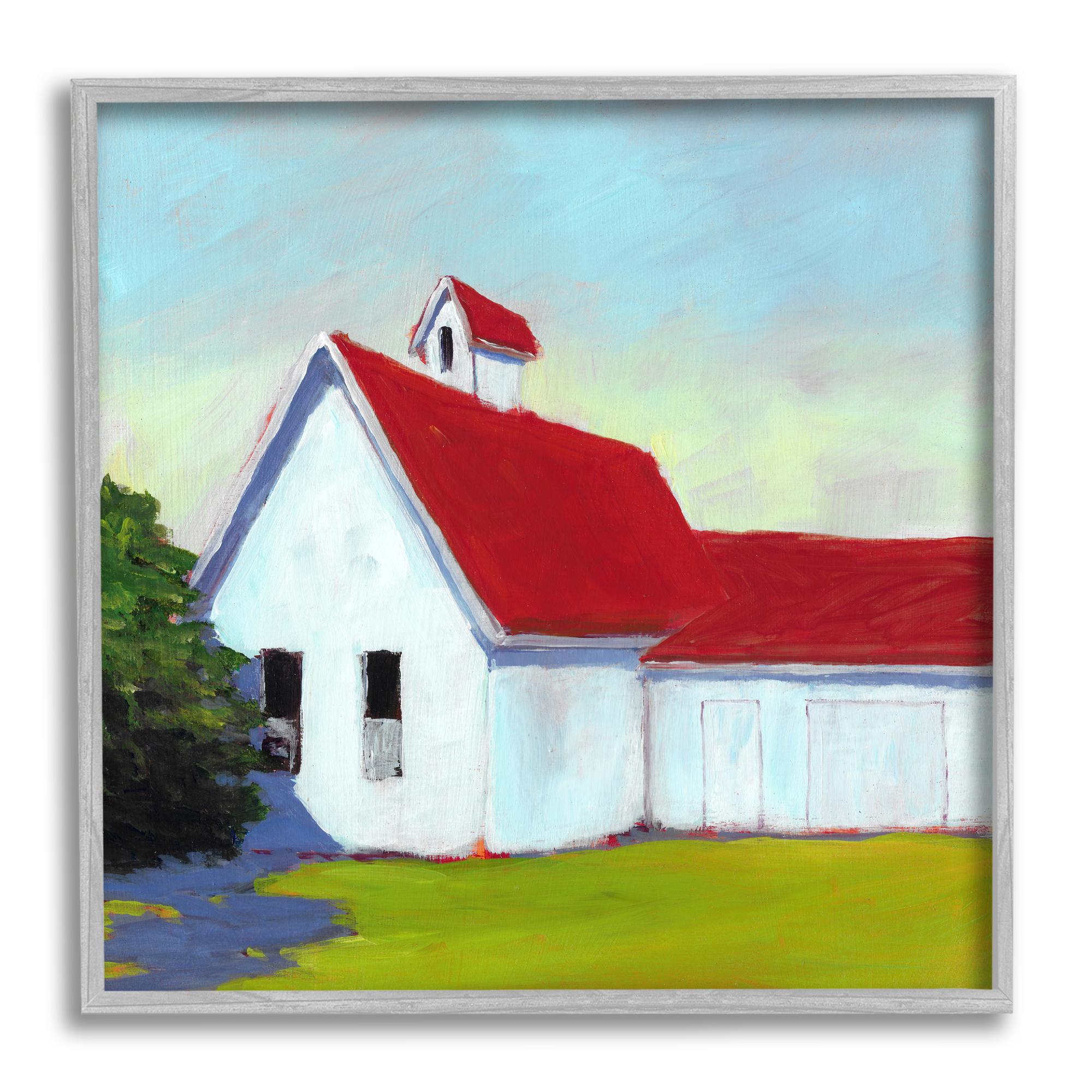 Stupell Industries Red & White Farm Cottage Travel & Places Painting Gray Framed Art Print Wall Art, 17 x 17