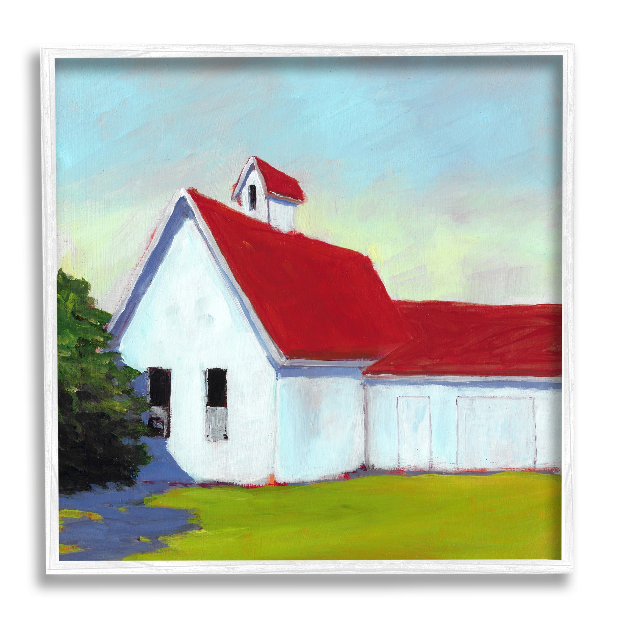 Stupell Industries Red & White Farm Cottage Travel & Places Painting White Framed Art Print Wall Art, 24 x 24