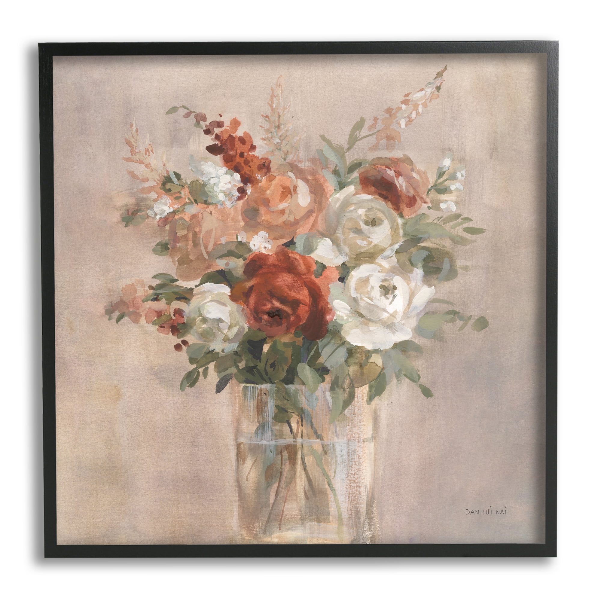 Stupell Industries Red & White Roses Bouquet Botanical & Floral Painting Black Framed Art Print Wall Art, 17 x 17