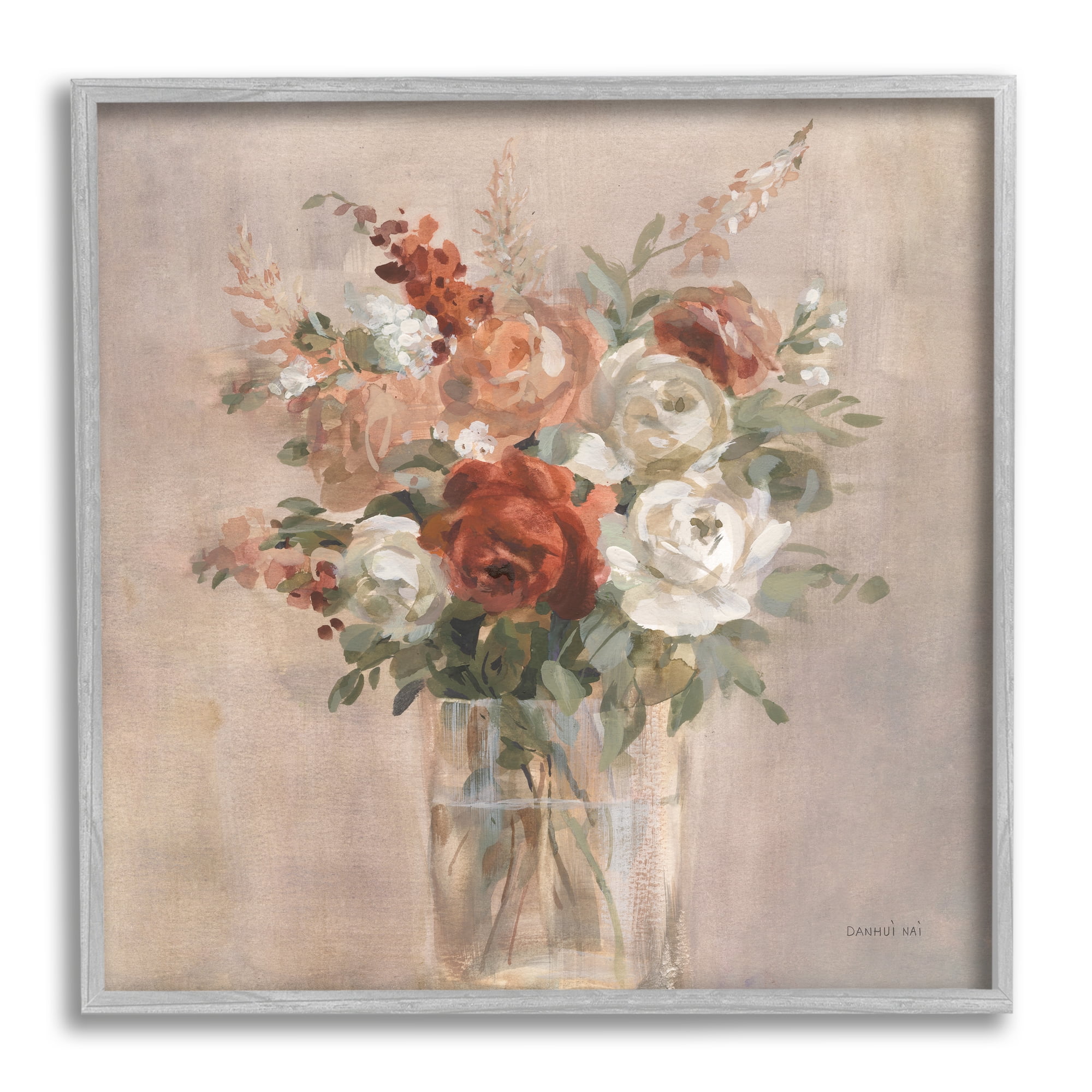 Stupell Industries Red & White Roses Bouquet Botanical & Floral Painting Gray Framed Art Print Wall Art, 12 x 12