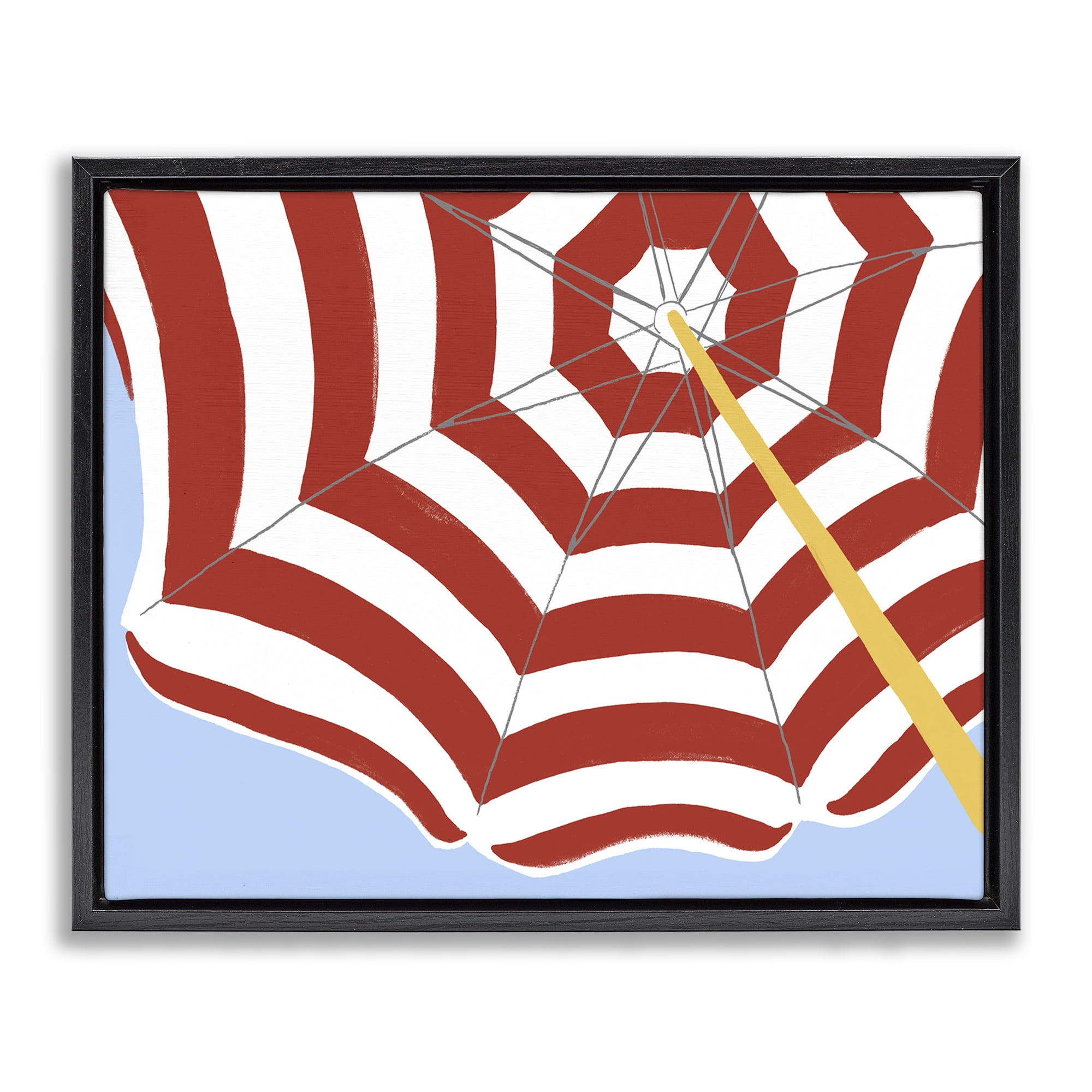 Stupell Industries Red & White Umbrella Coastal Painting Black Floater Framed Canvas Art Print Wall Art, 31 x 25