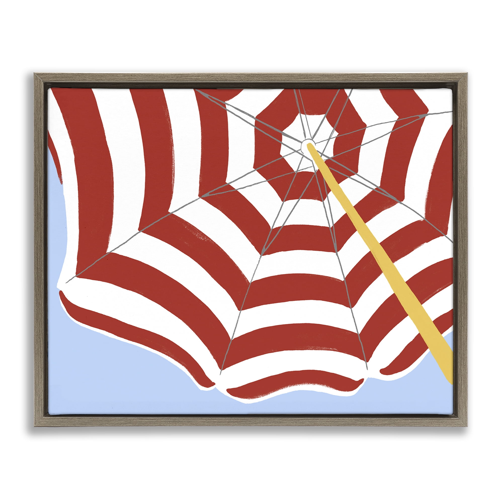 Stupell Industries Red & White Umbrella Coastal Painting Brown Floater Framed Canvas Art Print Wall Art, 31 x 25