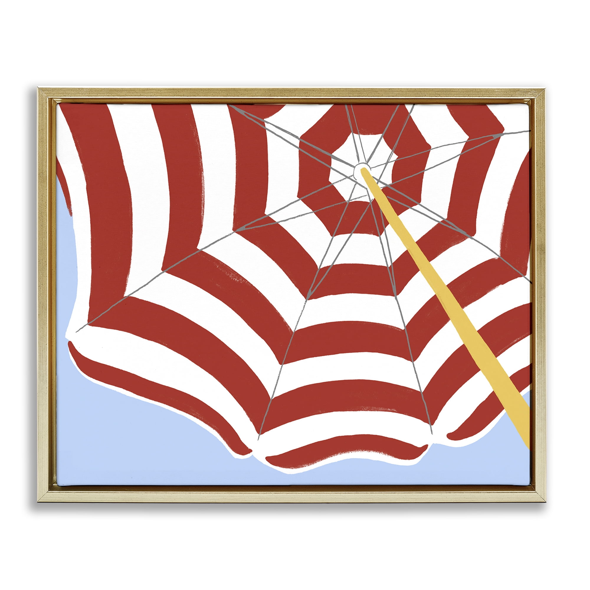 Stupell Industries Red & White Umbrella Coastal Painting Gold Floater Framed Canvas Art Print Wall Art, 21 x 17