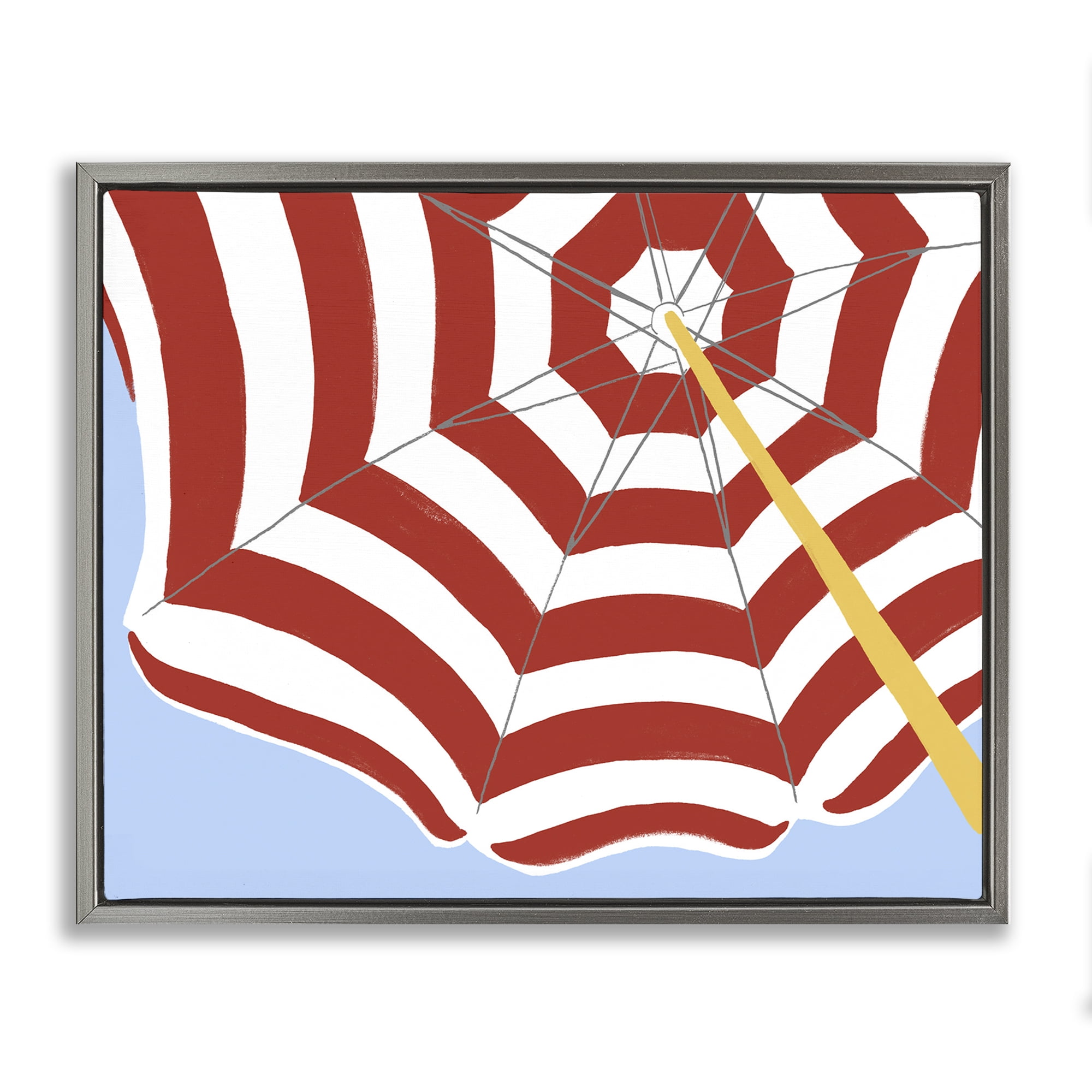 Stupell Industries Red & White Umbrella Coastal Painting Gray Floater Framed Canvas Art Print Wall Art, 21 x 17