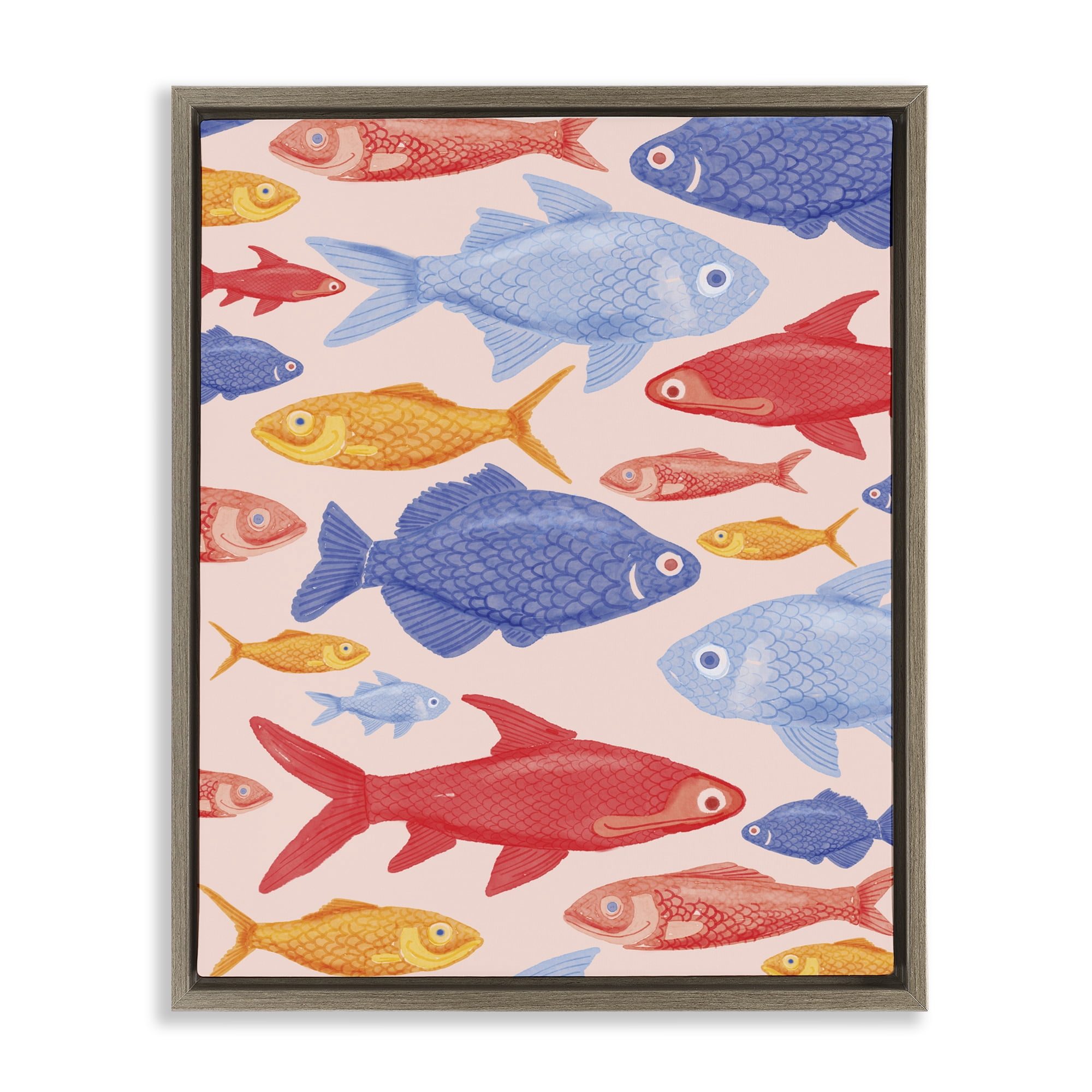 Stupell Industries Red Yellow and Blue Fish Brown Framed Floater Canvas Wall Art, design by The Paper Curator