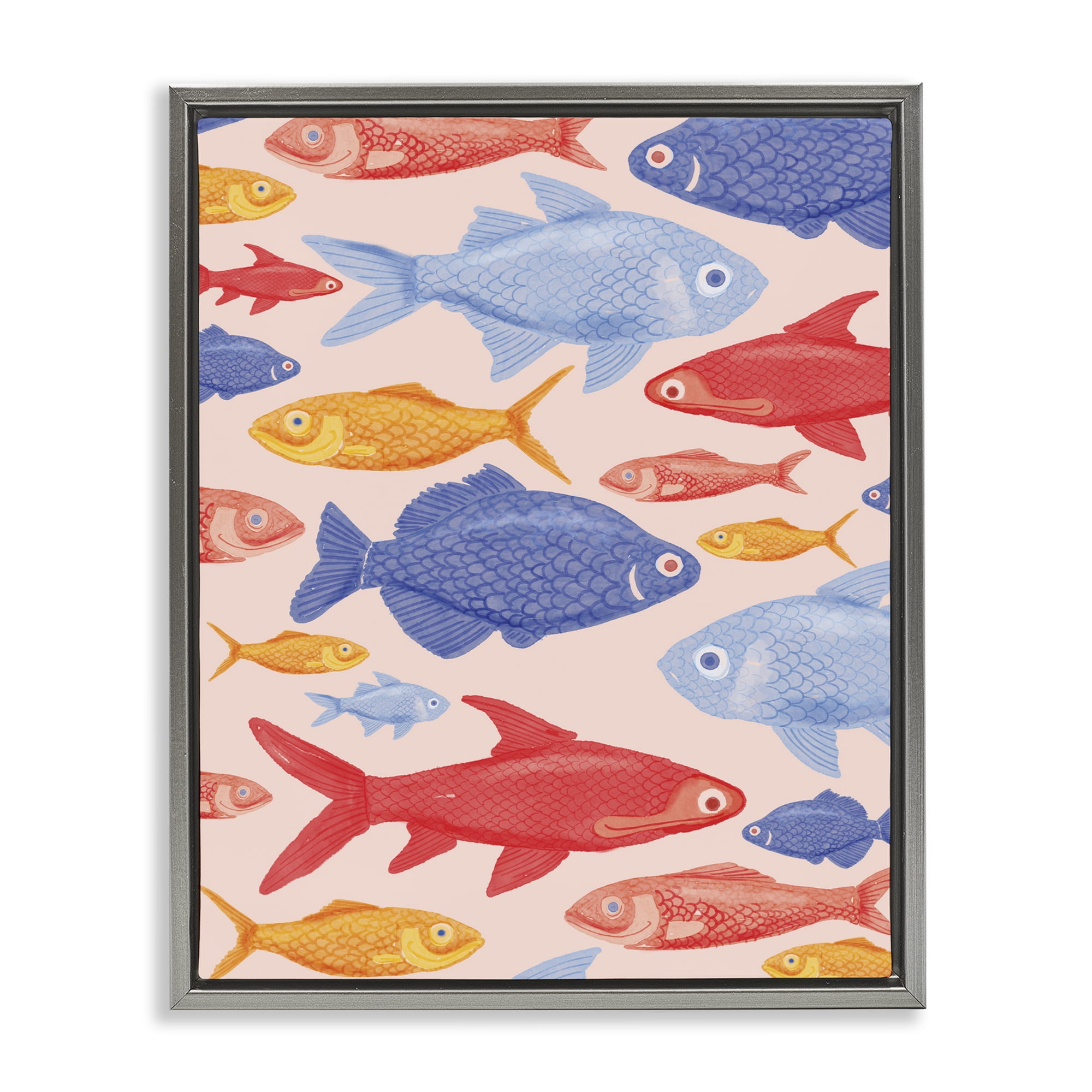 Stupell Industries Red Yellow and Blue Fish Gray Framed Floater Canvas Wall Art, design by The Paper Curator