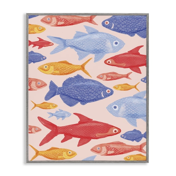 Stupell Industries Contemporary Red Yellow and Blue Fish Gray Framed Giclee Art, 11 x 14, by The Paper Curator
