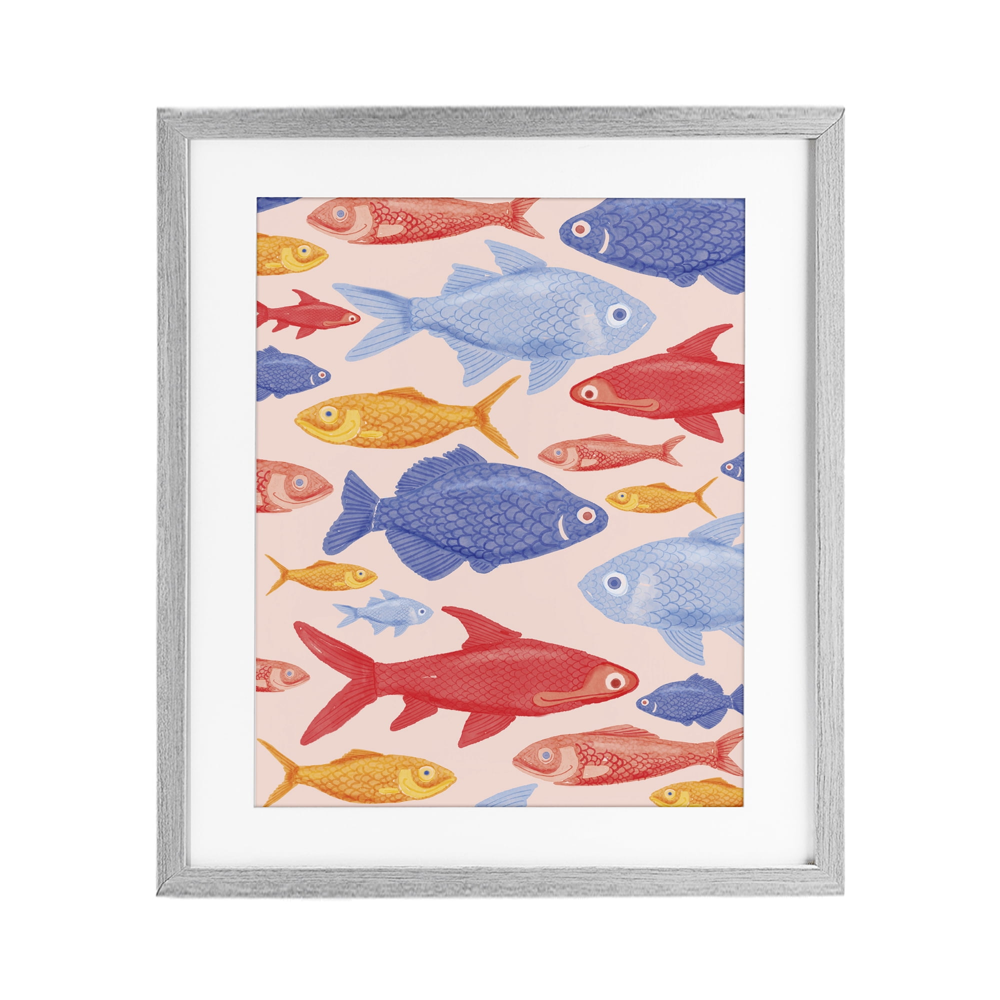 Stupell Industries Red Yellow and Blue Fish Gray Framed Print Under Glass, design by The Paper Curator