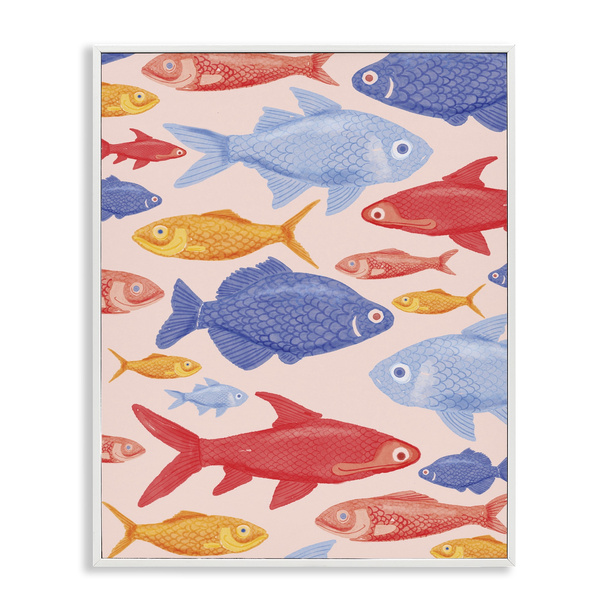 Stupell Industries Red Yellow and Blue Fish White Framed Giclee Art, design by The Paper Curator