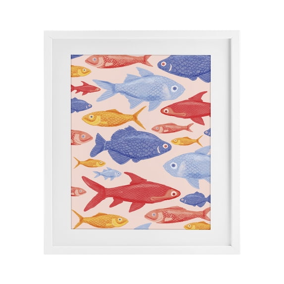 Stupell Industries Red Yellow and Blue Fish White Framed Print Under Glass, design by The Paper Curator