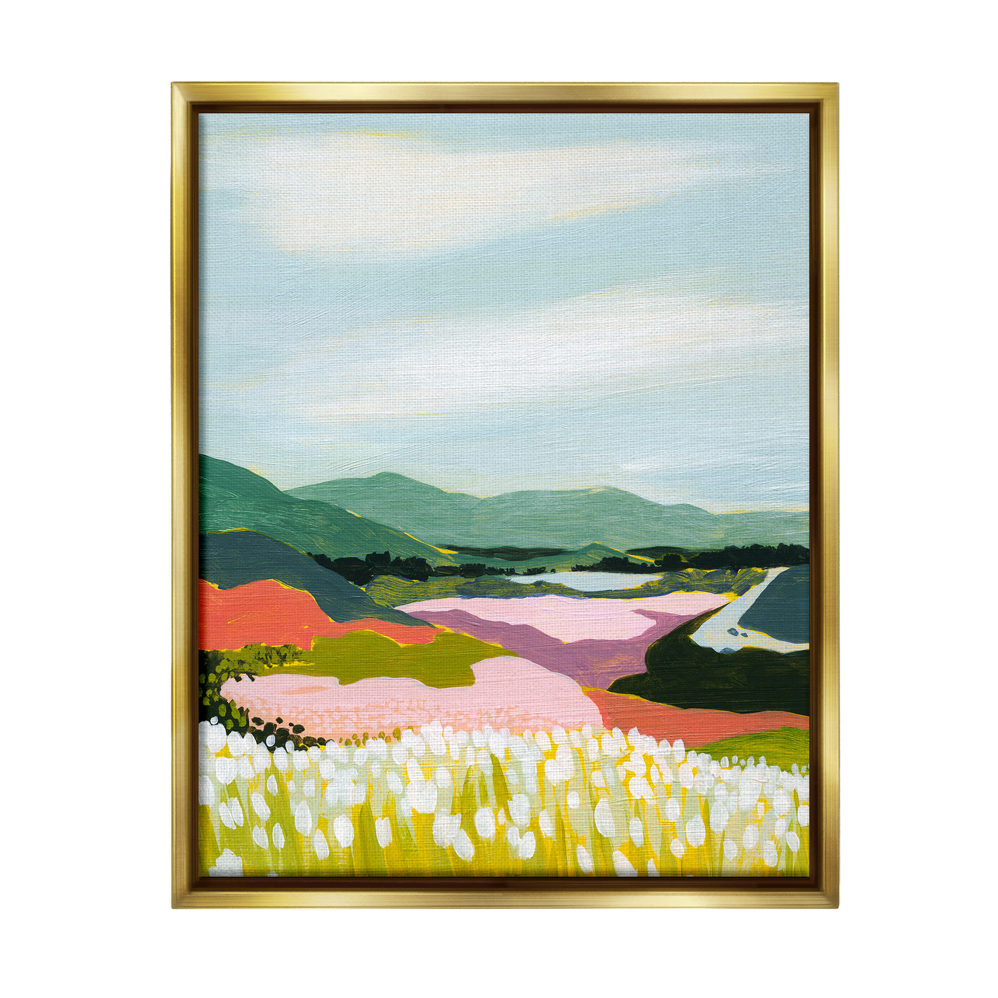 Stupell Industries Reeds & Distant Mountains Landscape Painting Gold Floater Framed Canvas Art Print Wall Art, 17 x 21