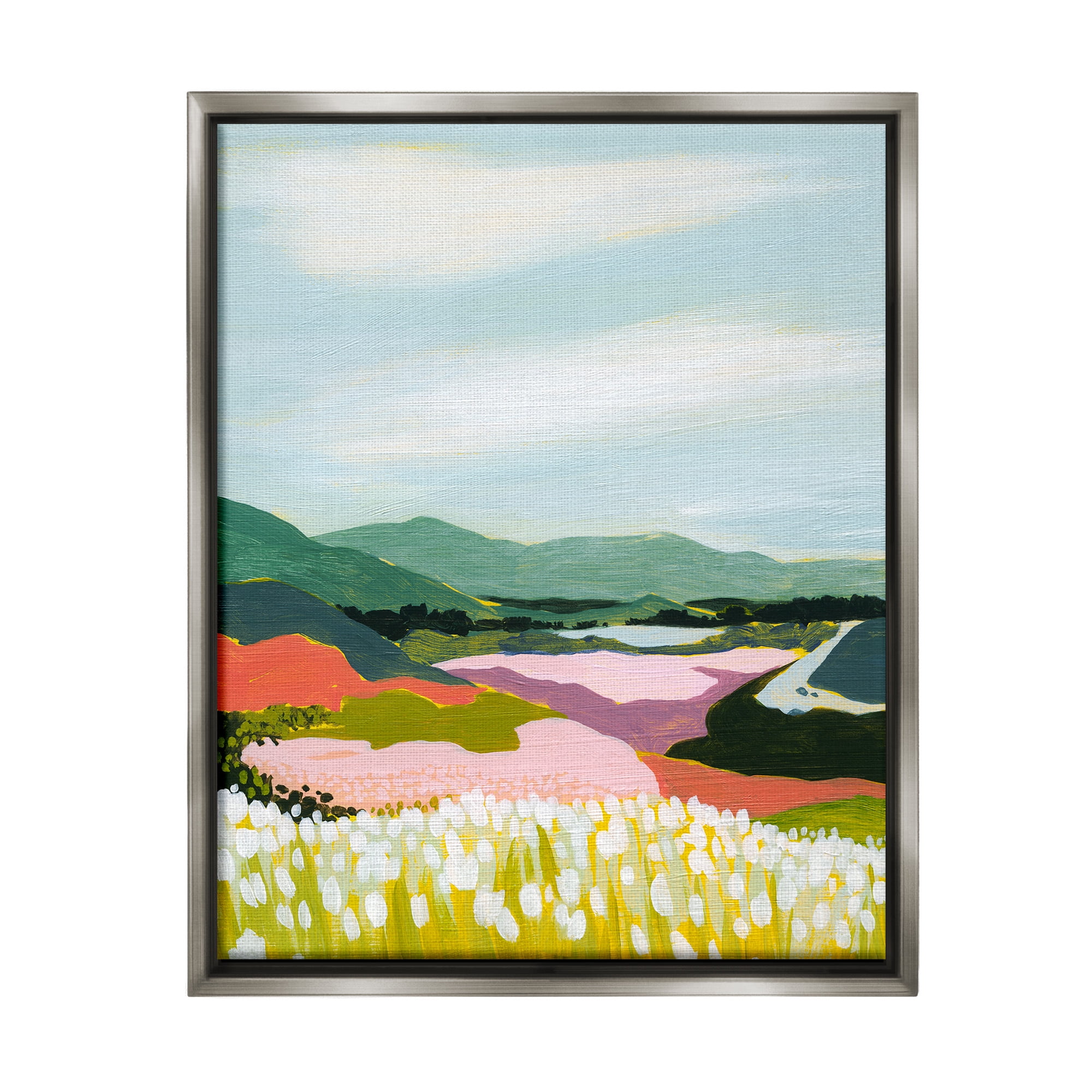 Stupell Industries Reeds & Distant Mountains Landscape Painting Gray Floater Framed Canvas Art Print Wall Art, 25 x 31