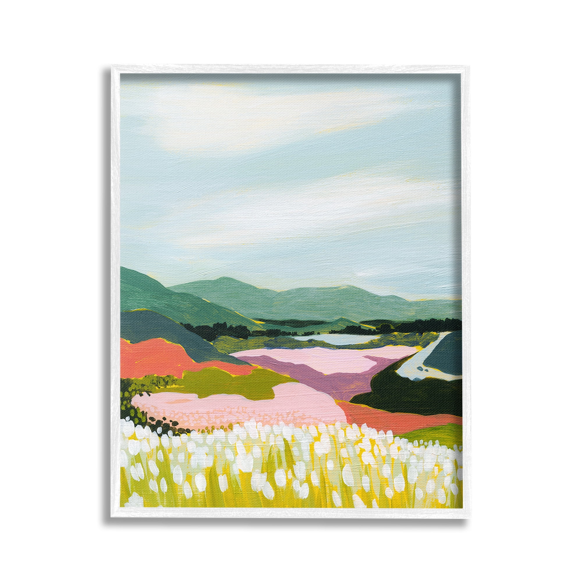 Stupell Industries Reeds & Distant Mountains Landscape Painting White Framed Art Print Wall Art, 16 x 20