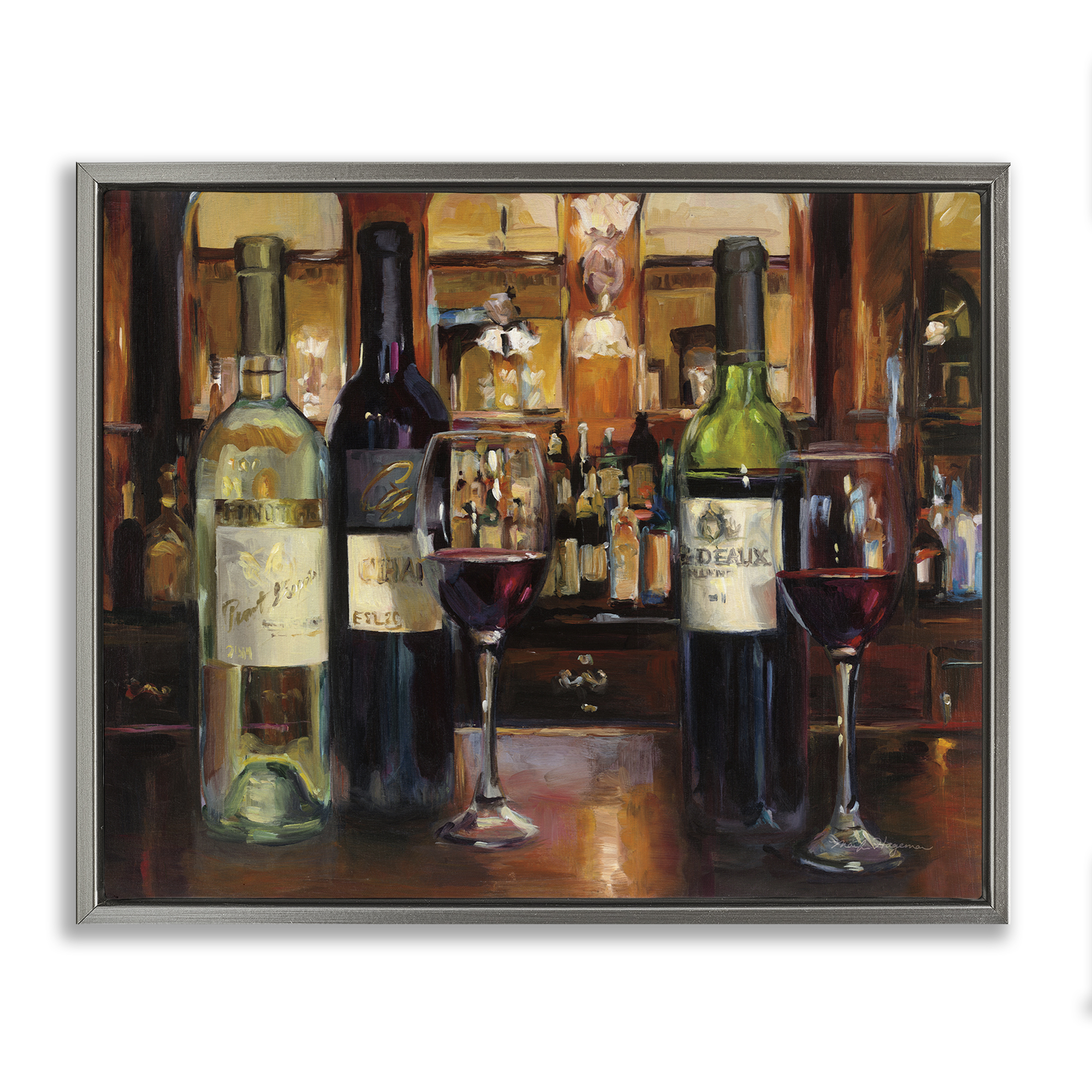 Stupell Industries Reflection of Wine Bottles Food & Beverage Painting Gray Floater Framed Canvas Art Print Wall Art, 21 x 17