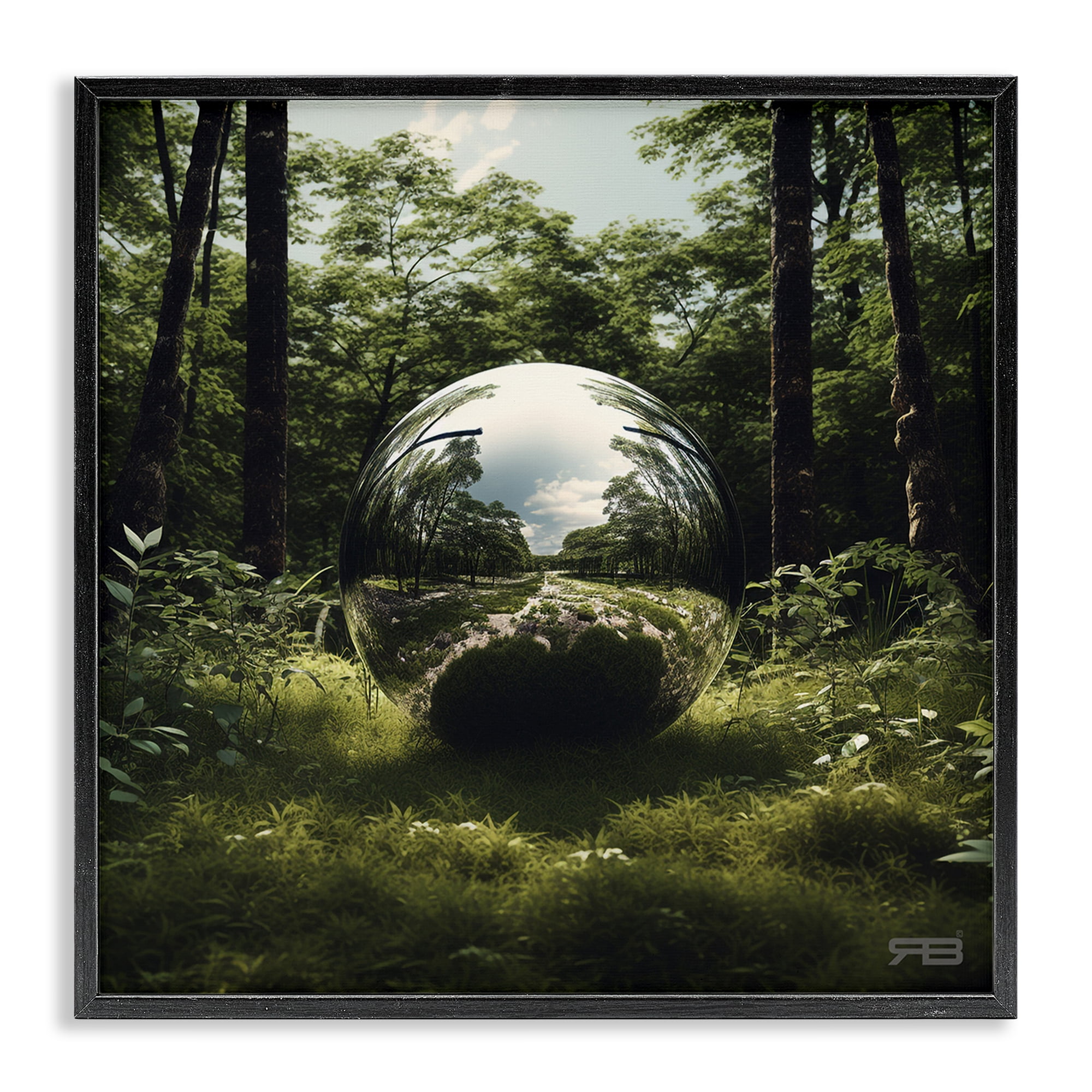 Stupell Industries Reflective Ball in Nature Landscape & Nature Painting Black Framed Art Print Wall Art, 12 x 12