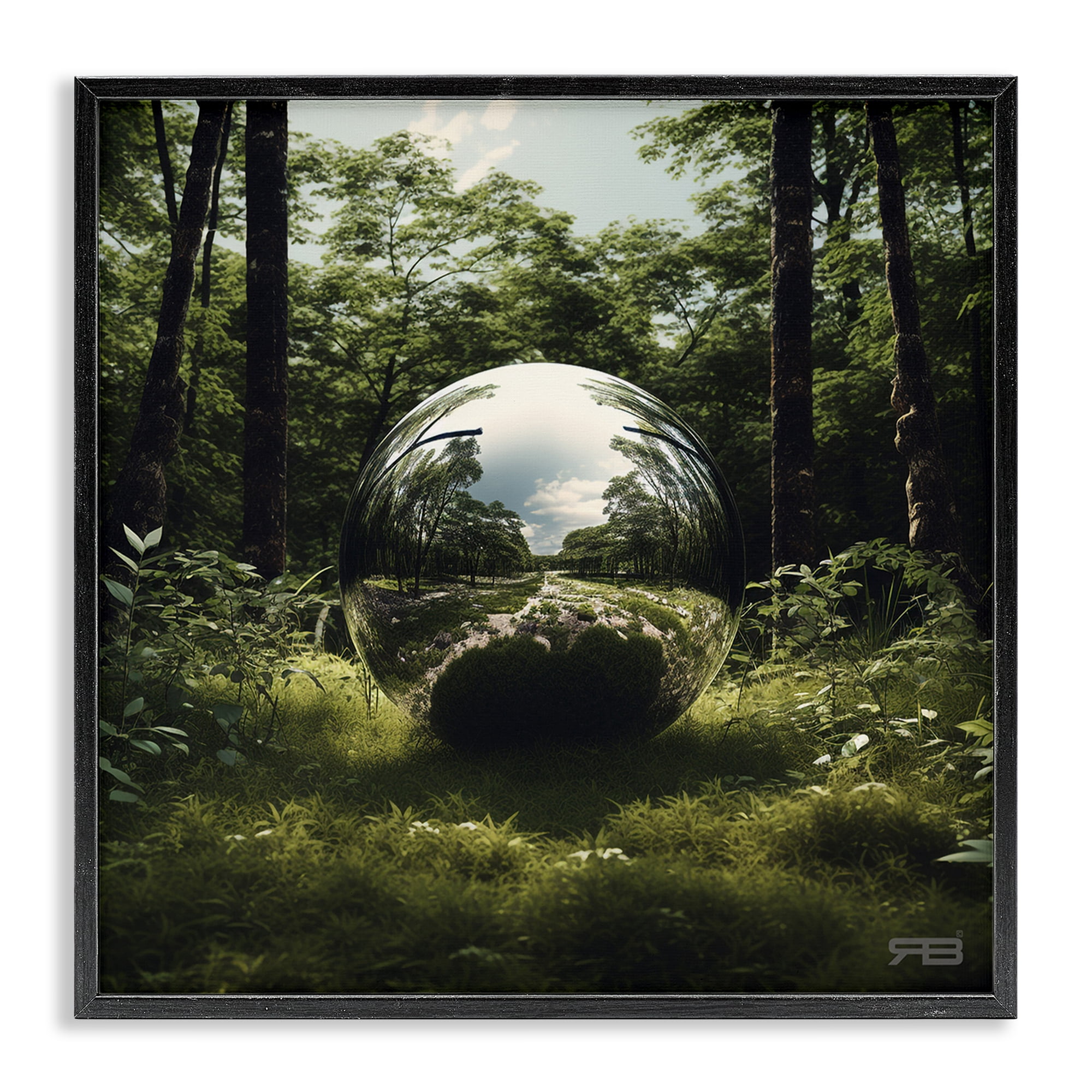 Stupell Industries Reflective Ball in Nature Landscape & Nature Painting Black Framed Art Print Wall Art, 17 x 17