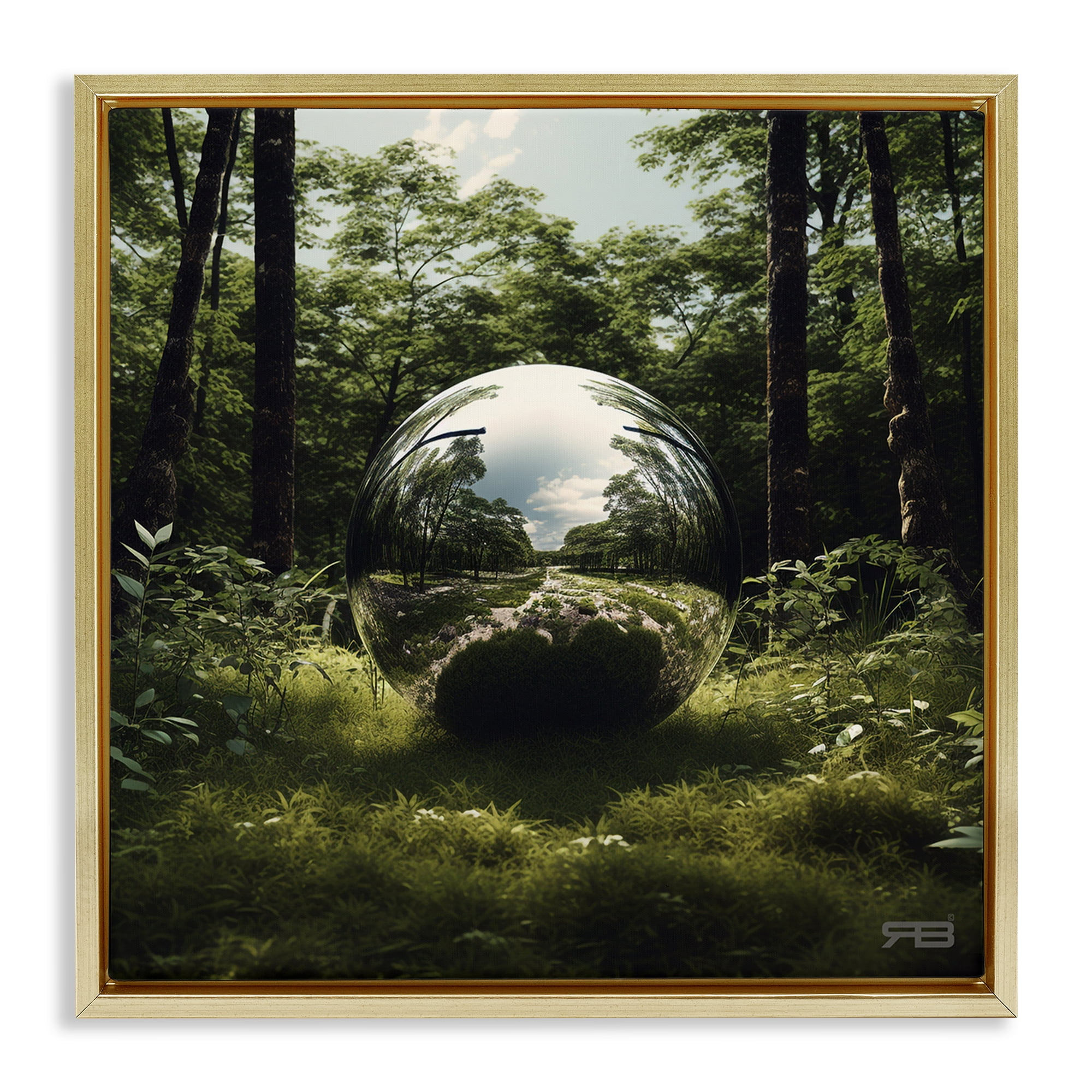 Stupell Industries Reflective Ball in Nature Landscape & Nature Painting Gold Floater Framed Canvas Art Print Wall Art, 18 x 18