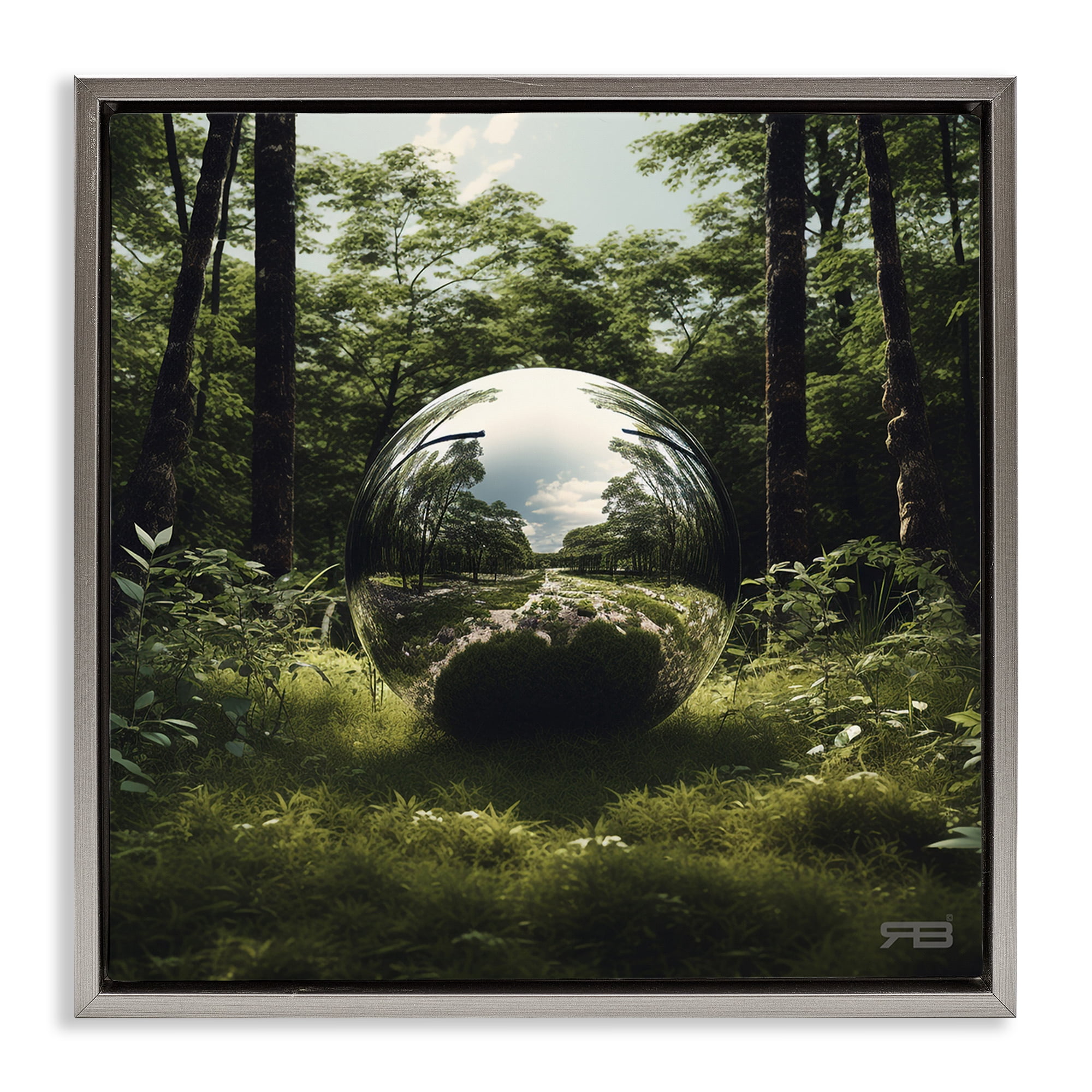 Stupell Industries Reflective Ball in Nature Landscape & Nature Painting Gray Floater Framed Canvas Art Print Wall Art, 18 x 18