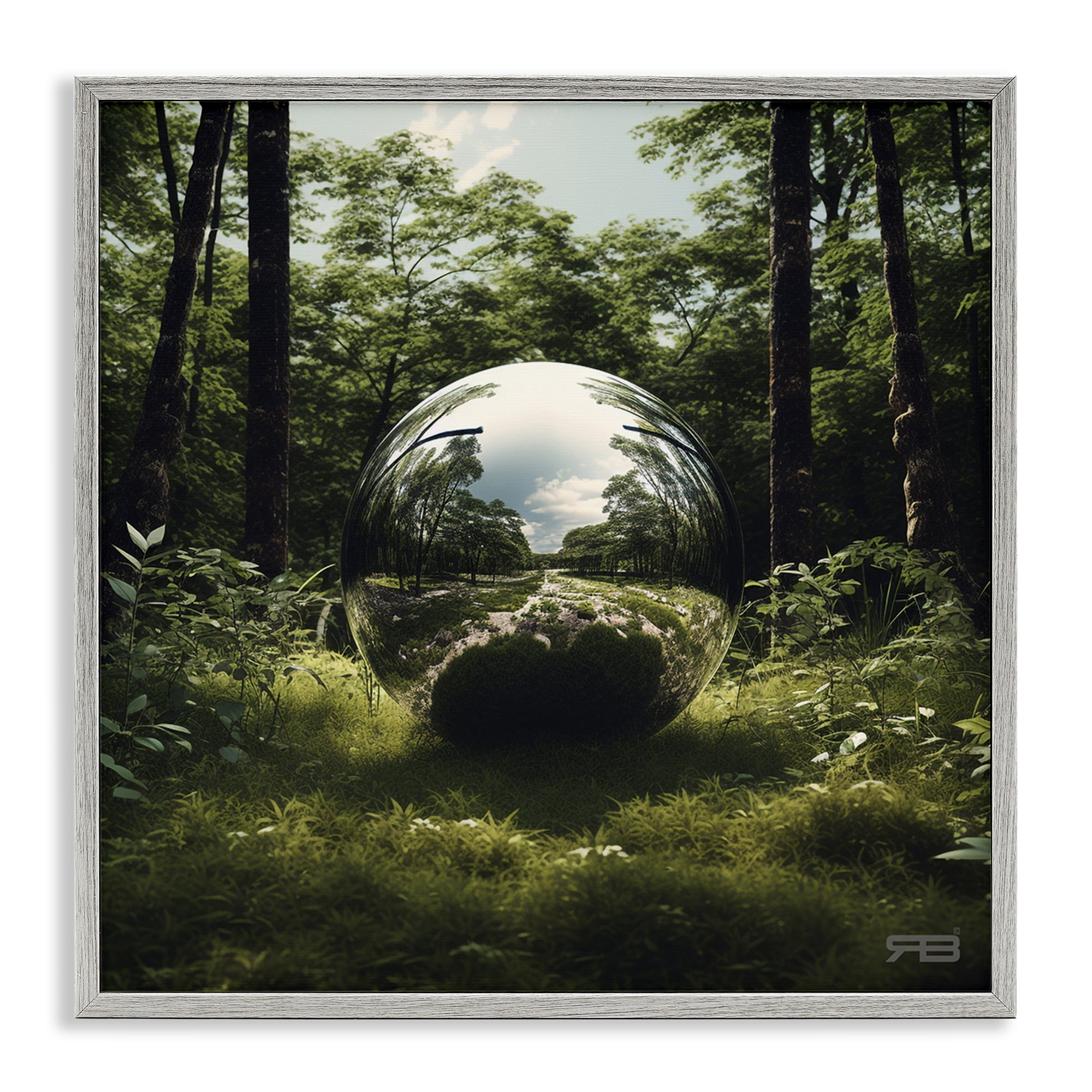 Stupell Industries Reflective Ball in Nature Landscape & Nature Painting Gray Framed Art Print Wall Art, 17 x 17