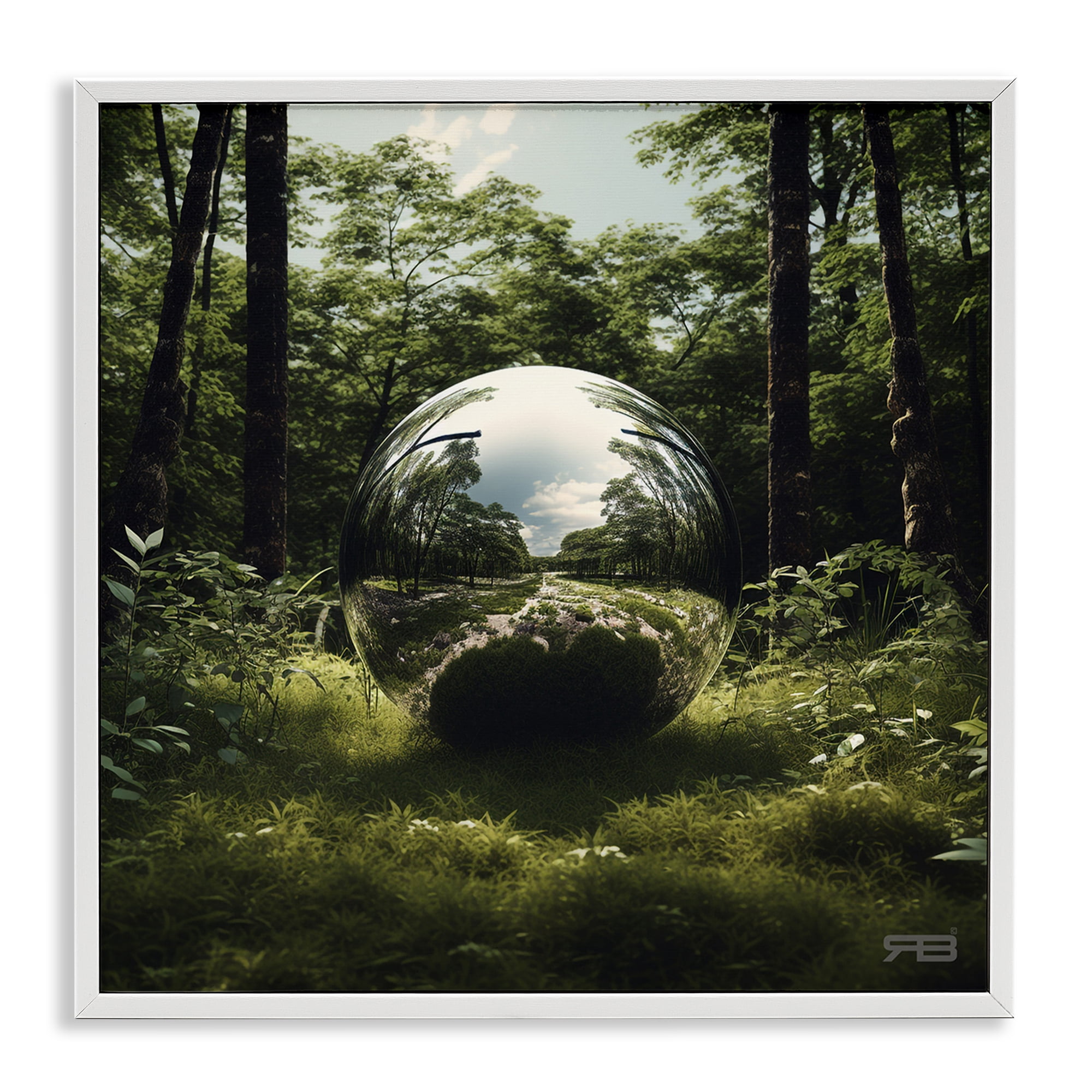 Stupell Industries Reflective Ball in Nature Landscape & Nature Painting White Framed Art Print Wall Art, 17 x 17