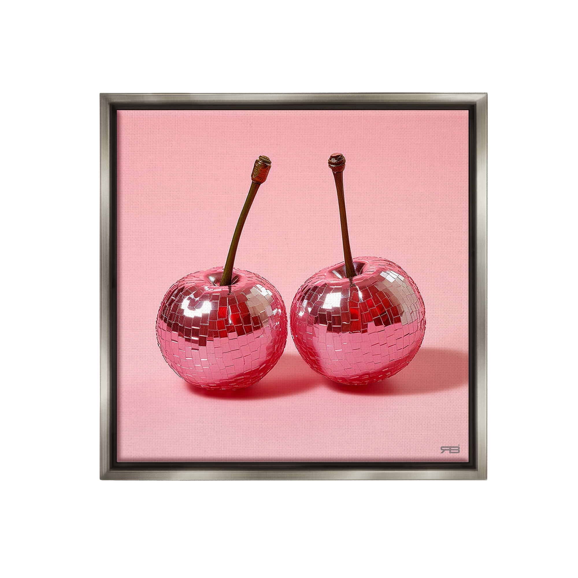 Stupell Industries Reflective Cherries on Pink Food & Beverage Painting Gray Floater Framed Canvas Art Print Wall Art, 18 x 18