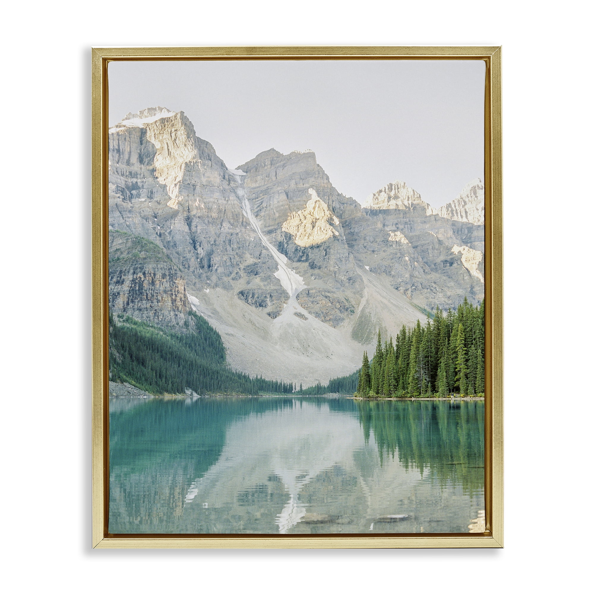 Stupell Industries Reflective Mountain Lake Landscape Photography Gold Floater Framed Art Print Wall Art, 25 x 31