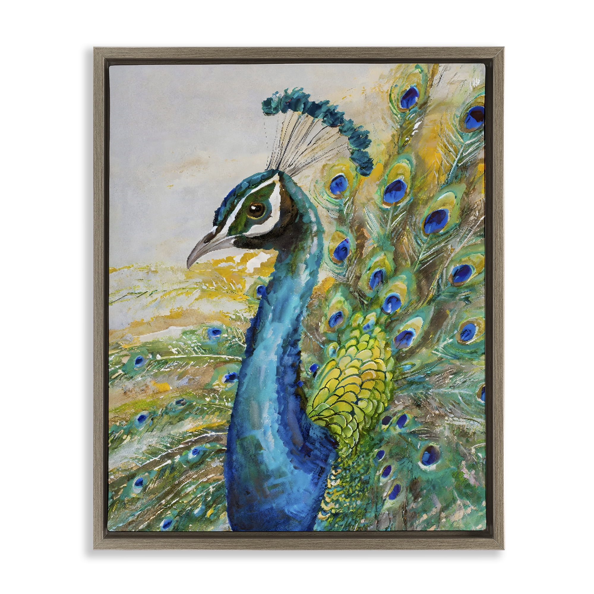 Stupell Industries Regal Blue Peacock Feathers Brown Framed Floater Canvas Wall Art, design by Creative Studio