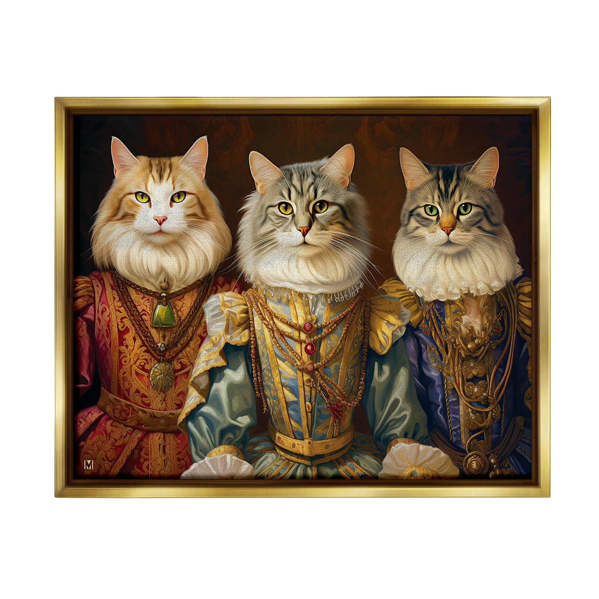 Stupell Industries Regal Cat Trio Animals & Insects Painting Gold Floater Framed Canvas Art Print Wall Art, 21 x 17