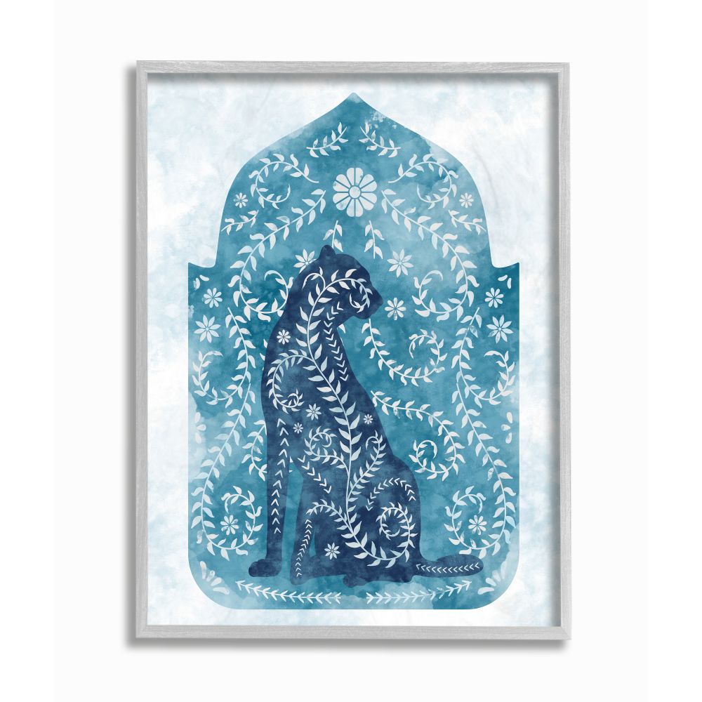 Stupell Industries Regal Cheetah Jungle Animal Vines Blue Arabesque Watercolor Framed Wall Art Design by Ziwei Li, 11" x 14", Gray Framed