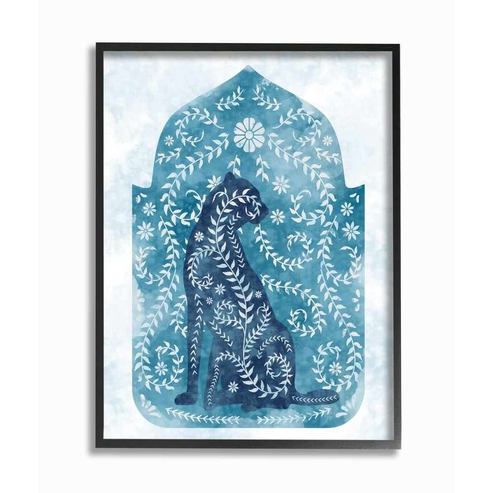 Stupell Industries Regal Cheetah Jungle Animal Vines Blue Arabesque Watercolor Framed Wall Art Design by Ziwei Li, 16" x 20", Black Framed