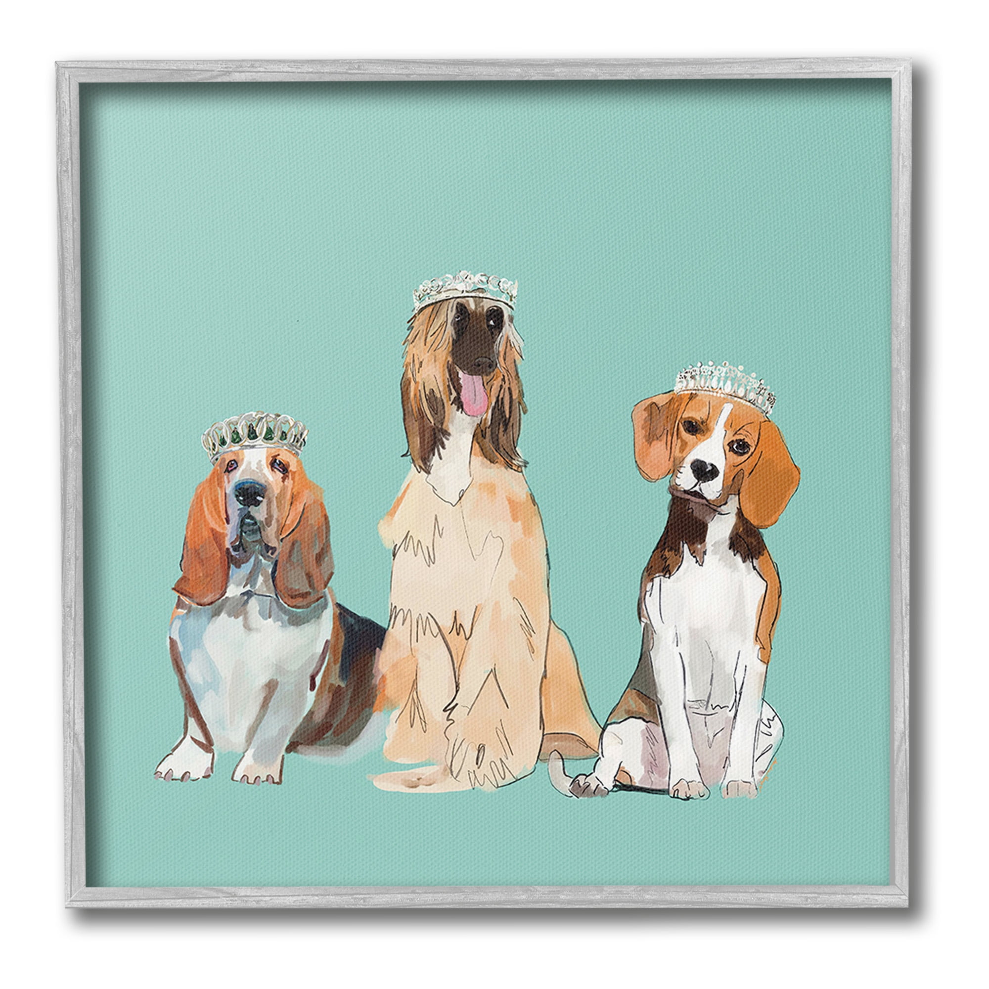 Regal Dogs with Crowns Canvas Print in Gray Frame