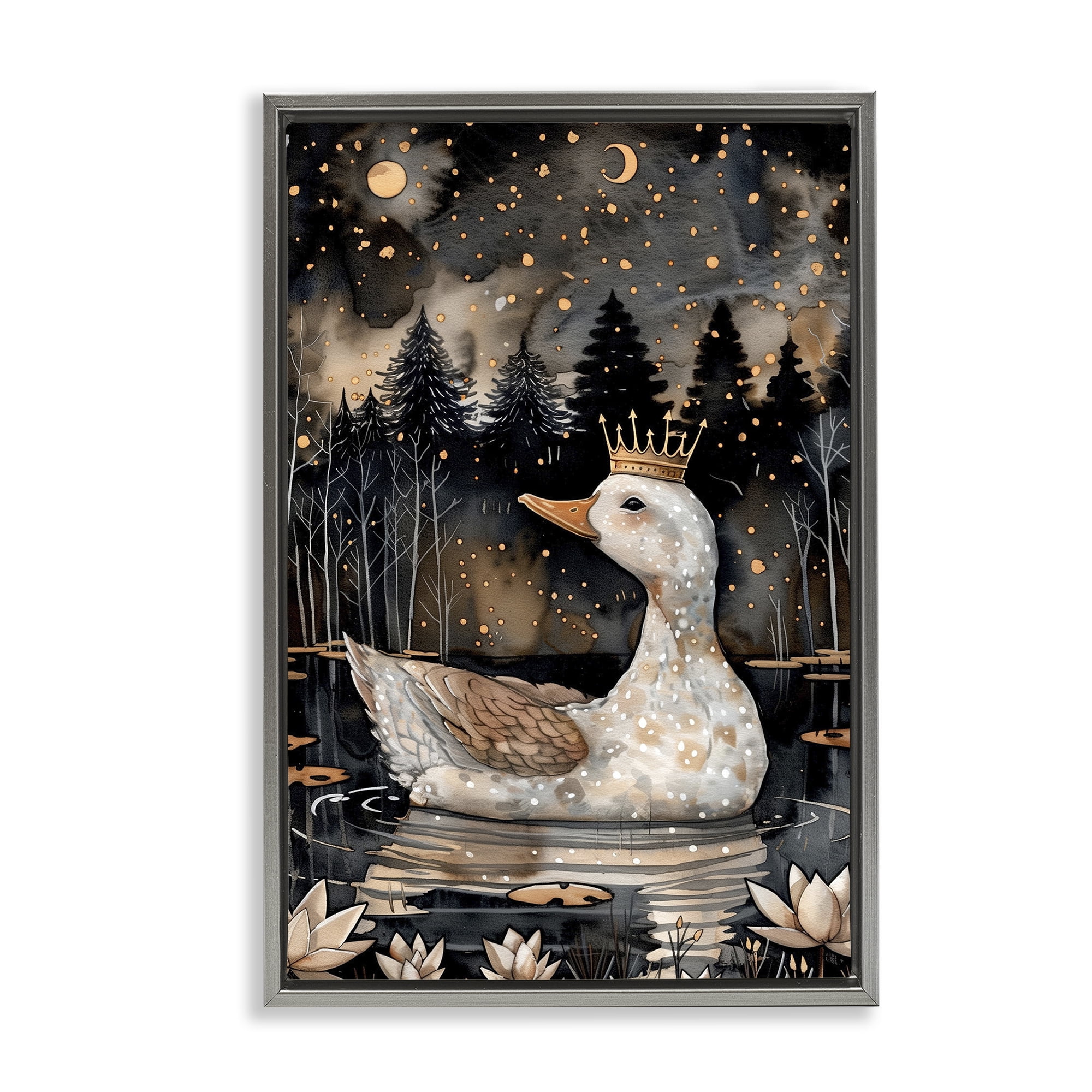 Stupell Industries Regal Duck at Night Animals & Insects Painting Gray Floater Framed Art Print Wall Art, 21 x 31